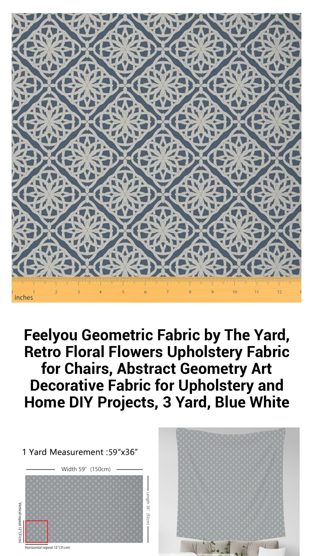 Vibrant Blue and White Geometric Upholstery Fabric – Retro Floral Design by the Yard for Chic Home Decor and DIY Projects
