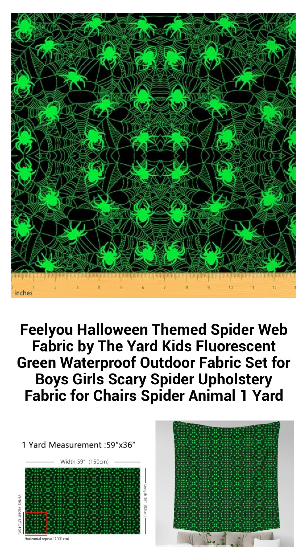 Enchanting Fluorescent Green Spider Web Fabric by the Yard – Waterproof Upholstery and Outdoor Decor for Kids' Halloween Projects