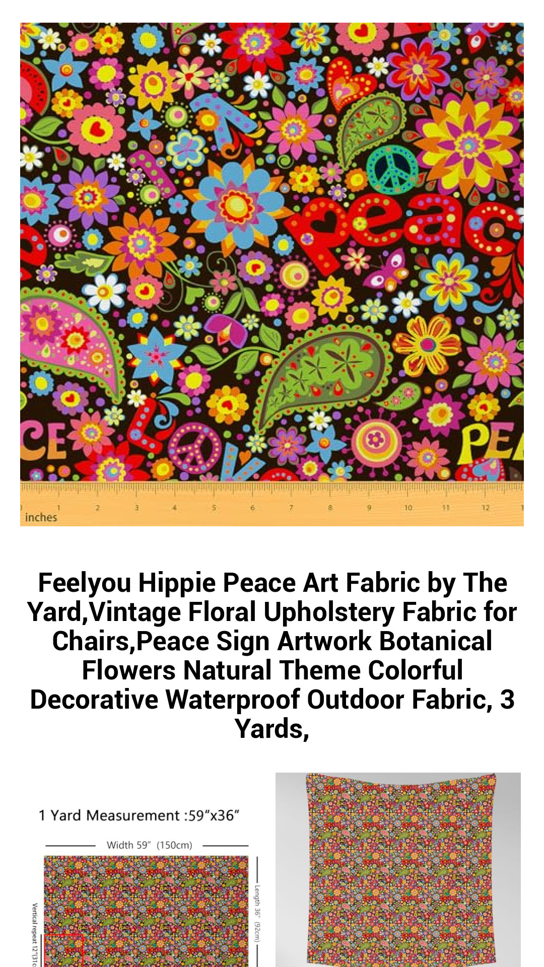 Vibrant Hippie Peace Art Fabric by The Yard – Waterproof Floral Upholstery for Indoor & Outdoor Decor, 3 Yards of Colorful Botanical Design