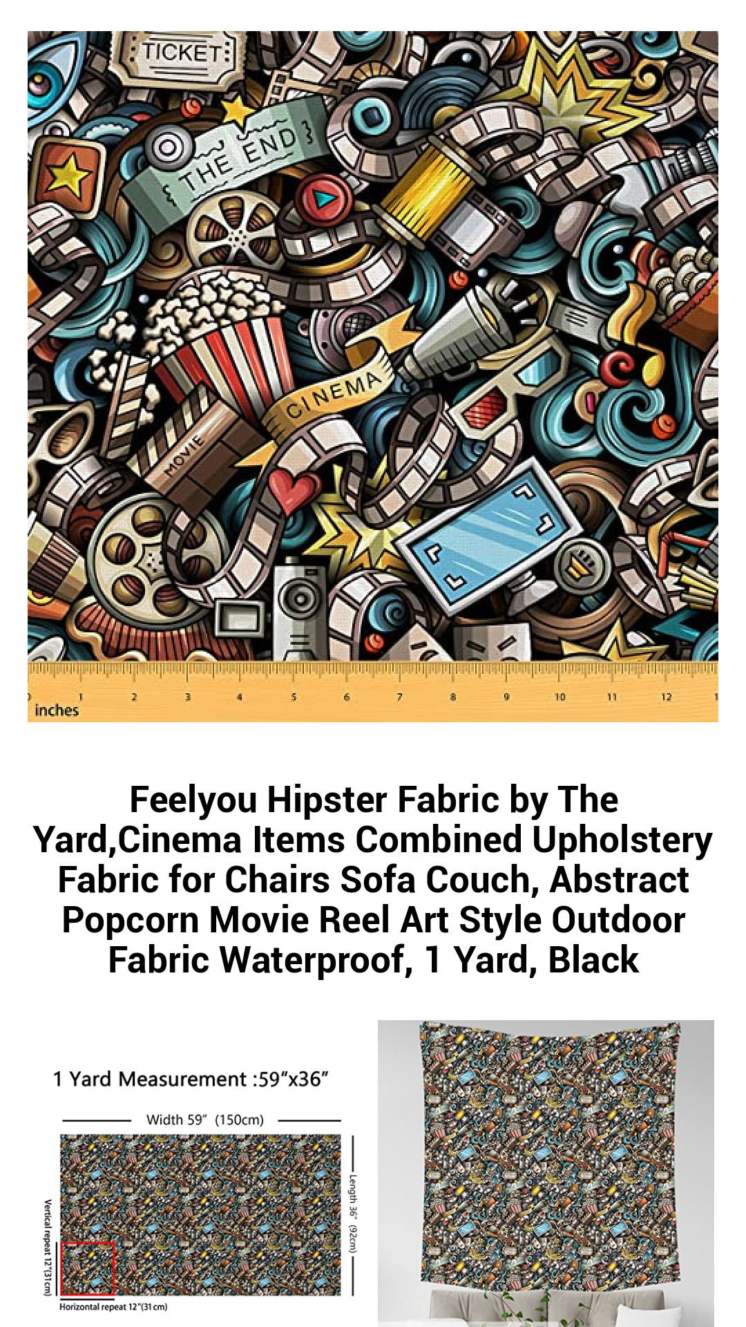 Premium Waterproof Hipster Fabric by the Yard - Colorful Cinema-Inspired Upholstery for Outdoor and Indoor Furniture