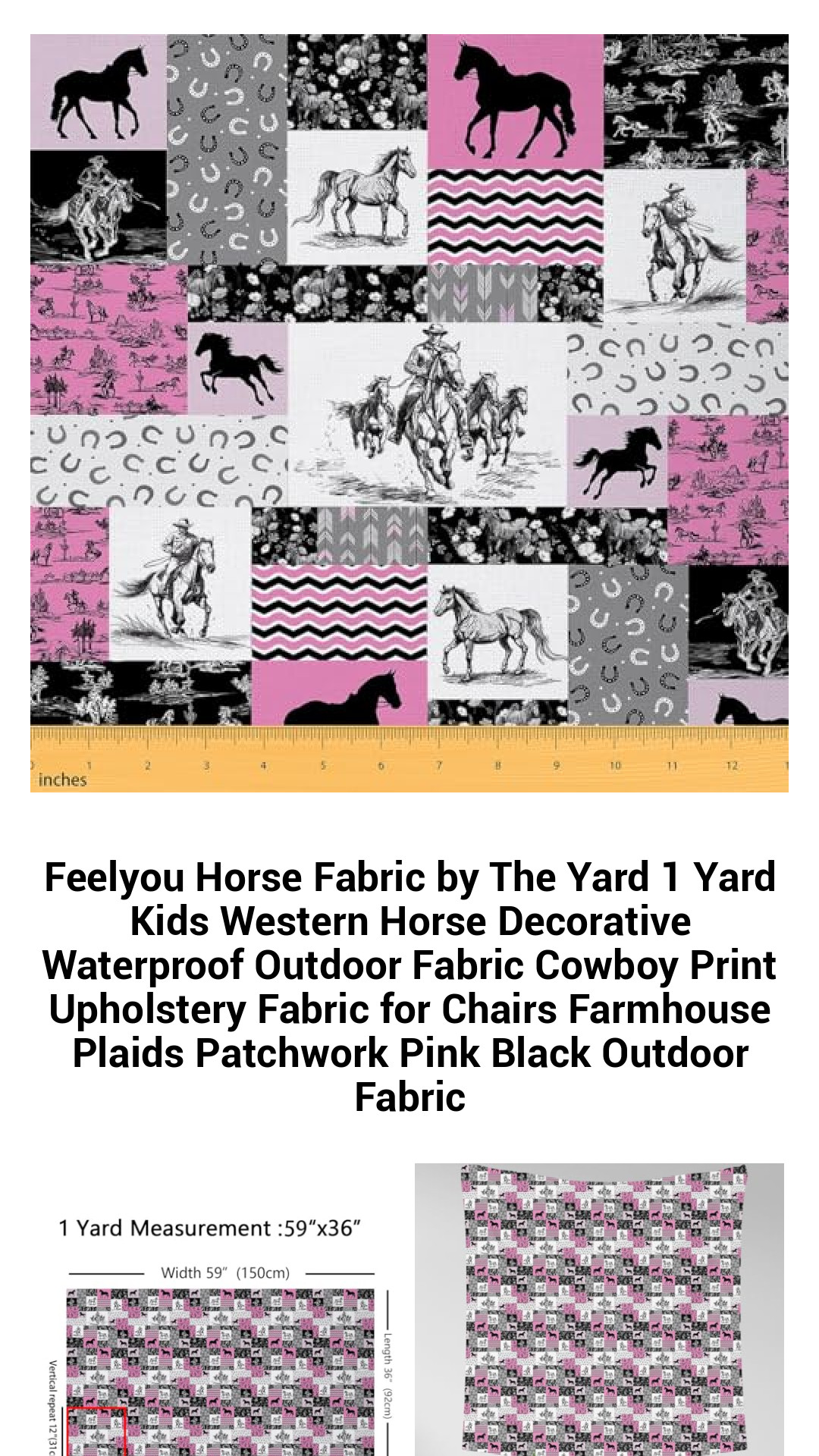 Premium Waterproof Horse Print Fabric by the Yard - Versatile Upholstery and Outdoor Decor for Kids' Spaces - Stylish Cowpoke Cowboy Design in Pink and Black