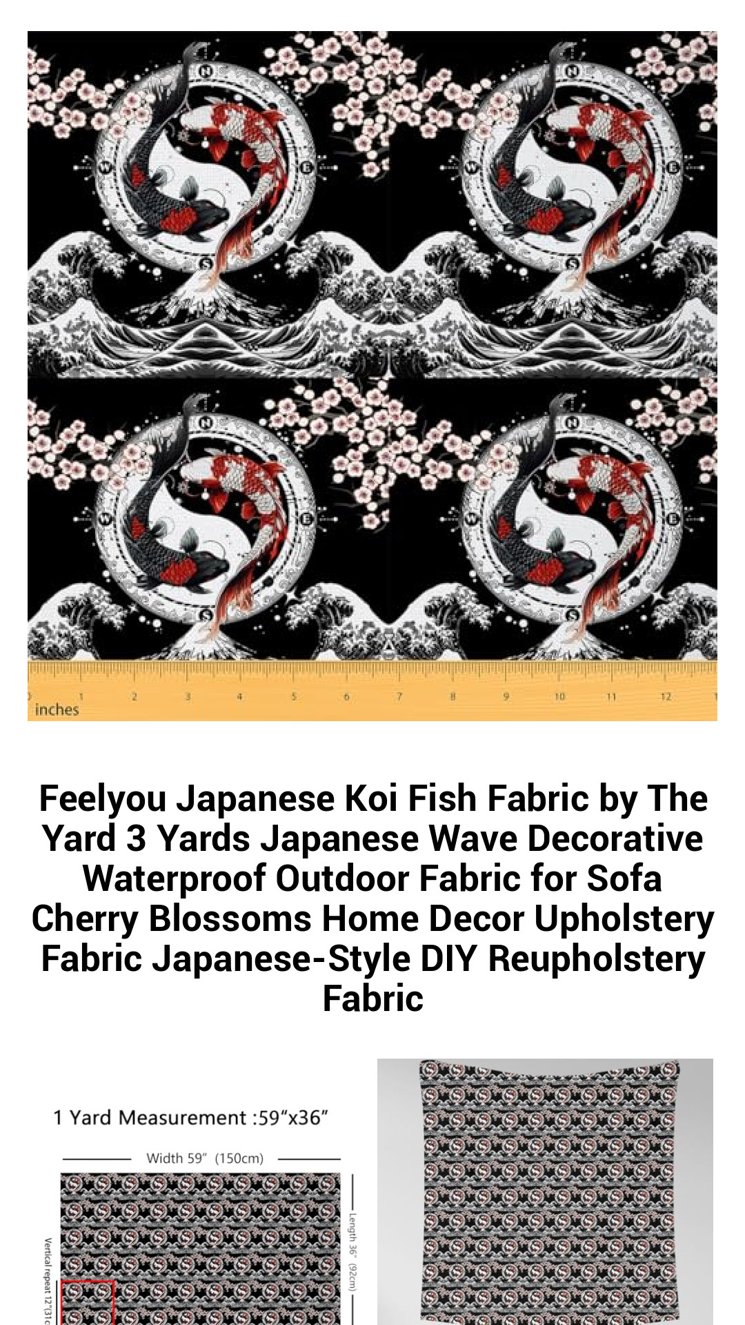 Vibrant Koi Fish Waterproof Outdoor Fabric - 3 Yards of Japanese Wave Design for Home Decor and Upholstery DIY Projects