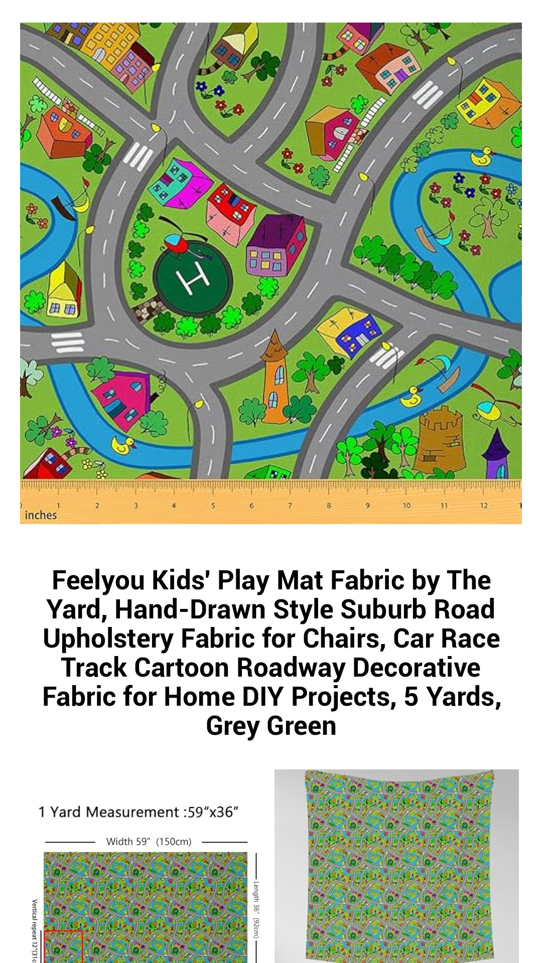 Versatile Hand-Drawn Suburb Road Upholstery Fabric by The Yard - 5 Yards of Fun, Waterproof Cartoon Play Mat for DIY Home Projects and Kids’ Rooms