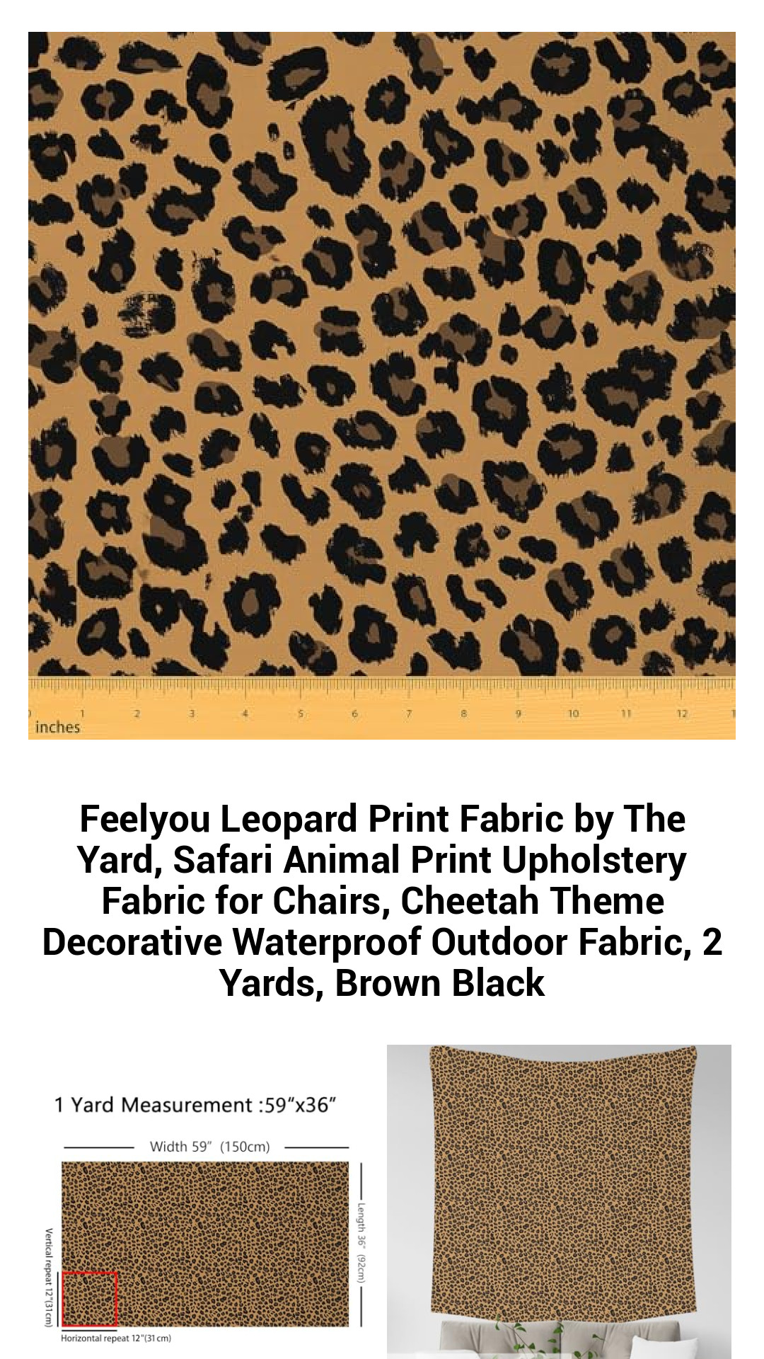 Premium Leopard Print Outdoor Fabric - Stylish Safari-Inspired Upholstery Material for Chairs, Cushions, and Home Décor - Waterproof & Versatile 2-Yard Roll in Brown and Black