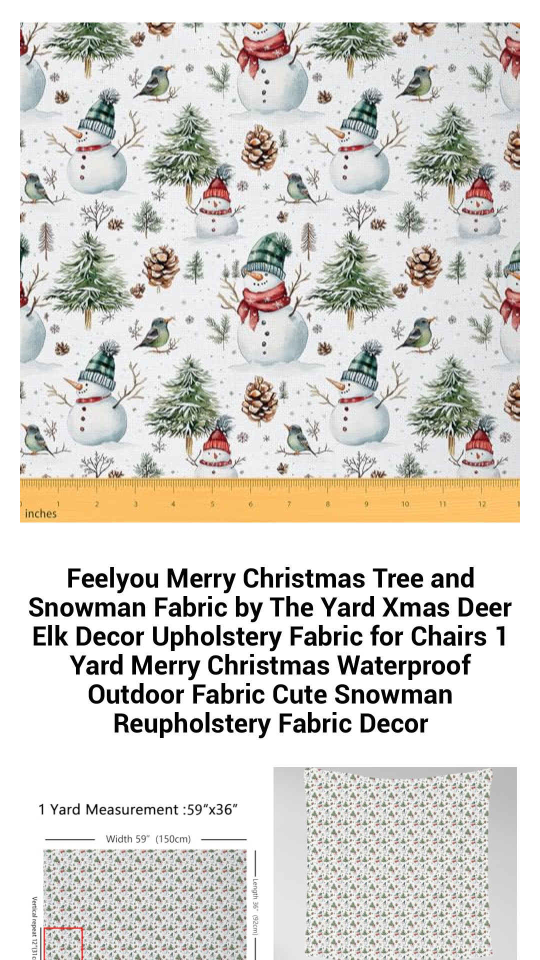 Festive Snowman & Christmas Tree Fabric by The Yard - Waterproof Upholstery for Indoor & Outdoor Holiday Decor