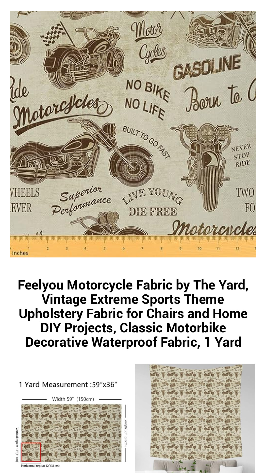 Premium Vintage Motorcycle Upholstery Fabric by The Yard – Waterproof Extreme Sports Décor for DIY Projects, Chairs, and Home Accents
