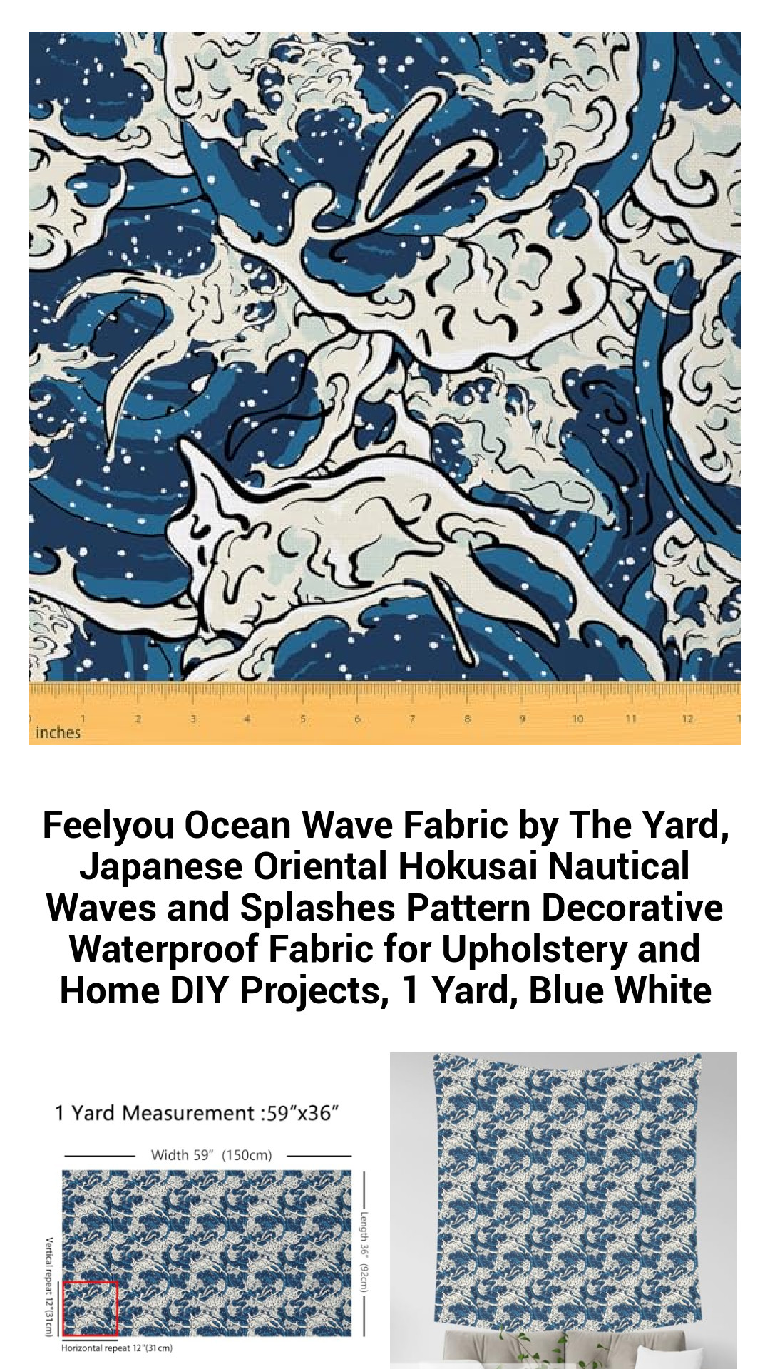 Vibrant Hokusai-Inspired Ocean Wave Fabric by The Yard – Decorative Waterproof Polyester for Stylish Upholstery and Creative DIY Home Projects in Blue and White