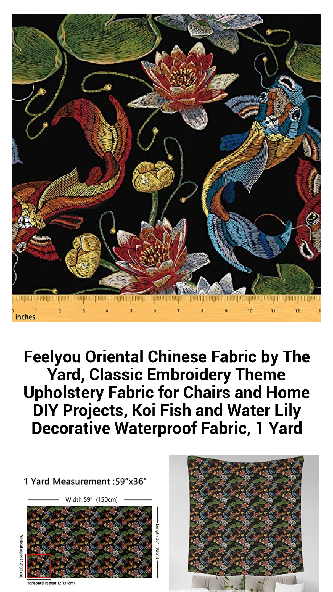 Luxurious Oriental Chinese Fabric by The Yard - Exquisite Koi Fish & Water Lily Waterproof Upholstery Fabric for Stylish Home Décor and DIY Projects