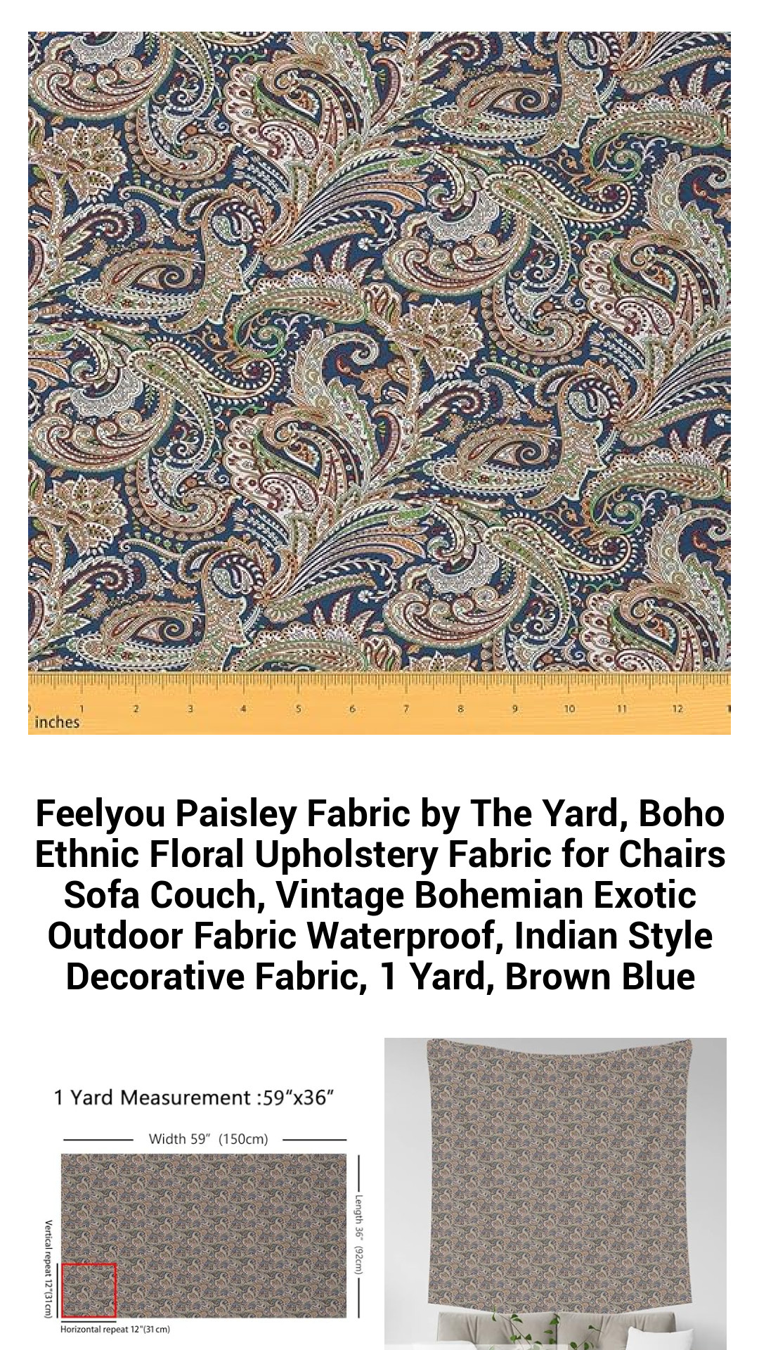 Vibrant Bohemian Paisley Upholstery Fabric – Waterproof Ethnic Floral Design for Indoor and Outdoor Décor, 1 Yard, Brown and Blue