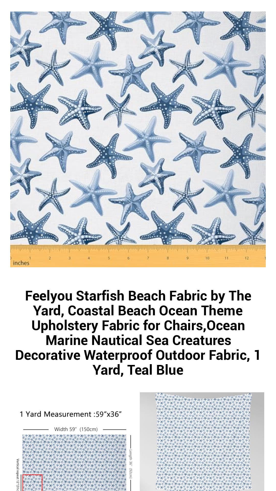 Vibrant Teal Blue Starfish Beach Fabric by The Yard – Waterproof Upholstery Fabric for Chairs, Outdoor Decor, and Nautical DIY Projects