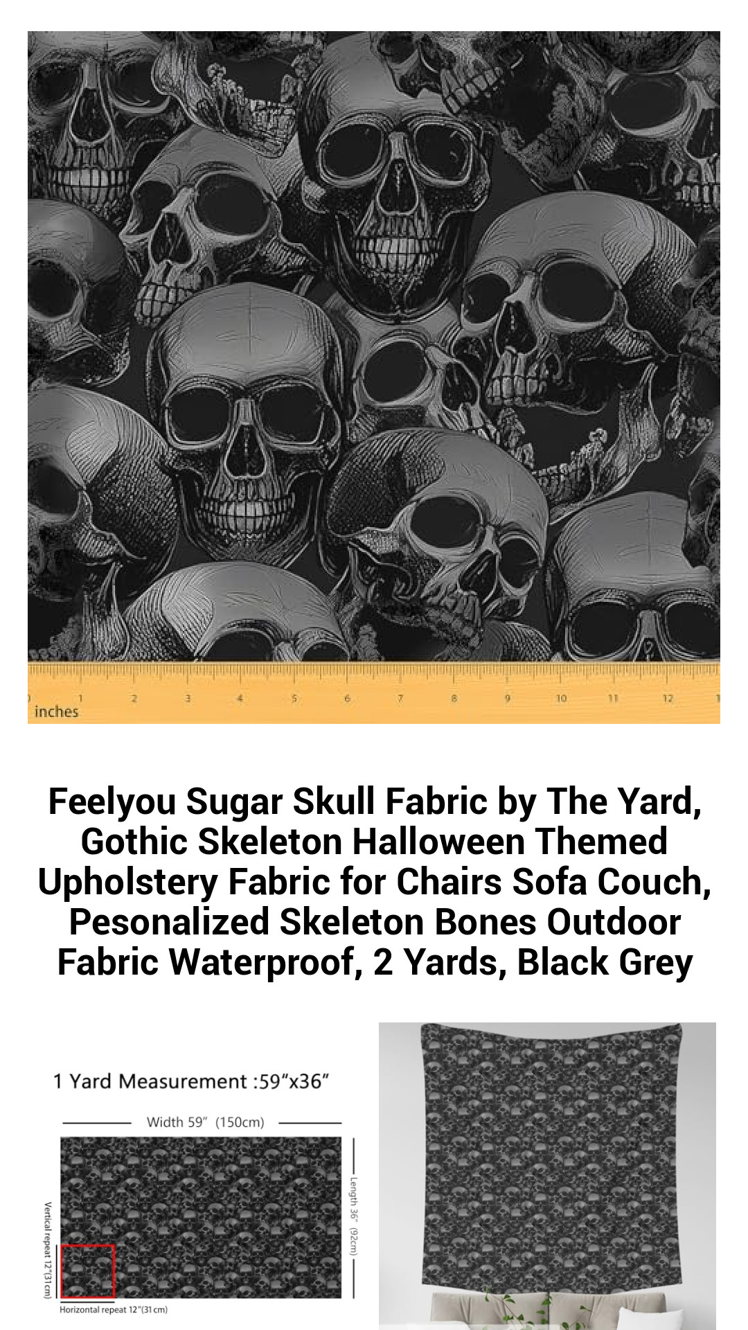 Vibrant Gothic Sugar Skull Fabric by The Yard - Waterproof Upholstery Material for Chairs, Sofas, and Outdoor Decor - Perfect for DIY Projects and Halloween Decor, 2 Yards of Black and Grey Fun