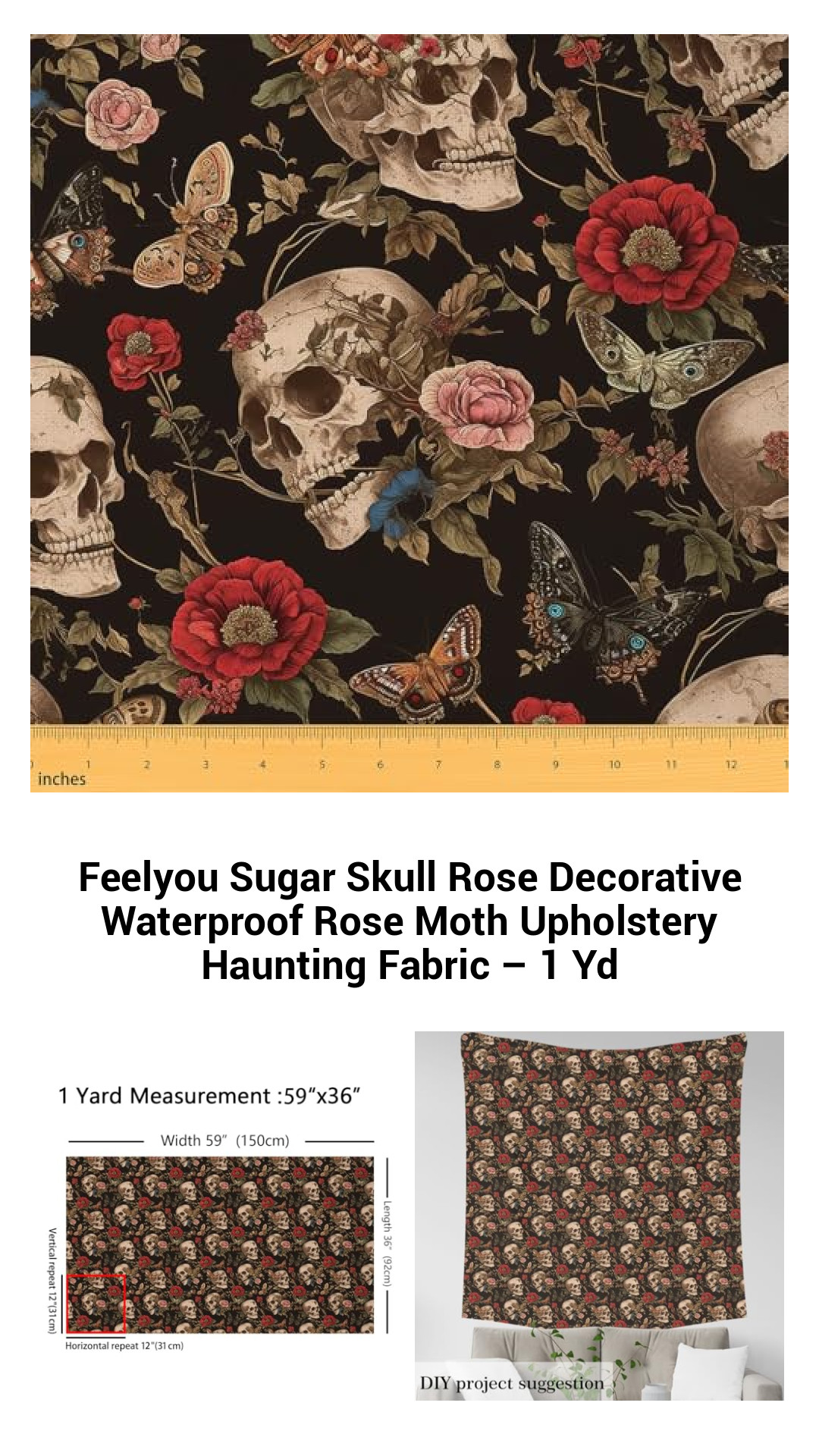 Vibrant Sugar Skull Rose Waterproof Upholstery Fabric – Versatile 1 Yard for DIY Home Decor