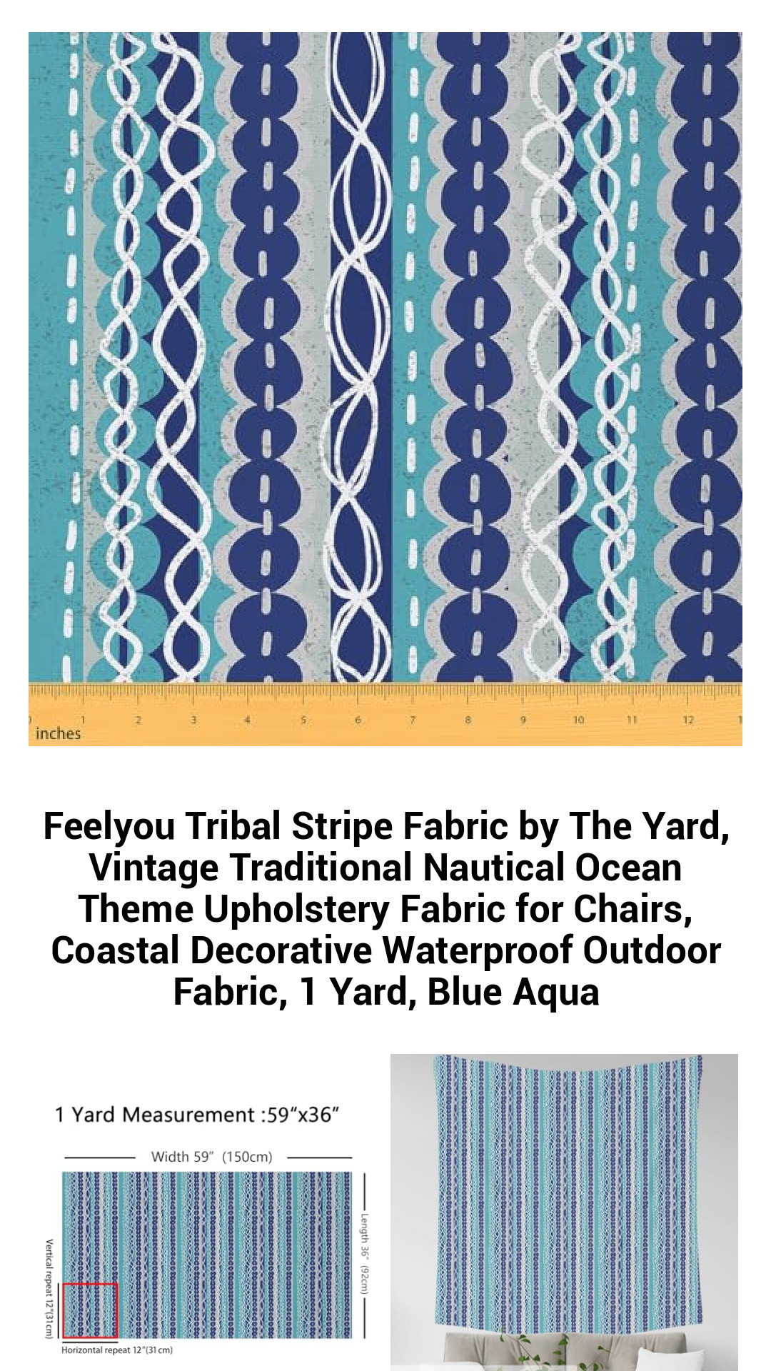 Coastal Charm Tribal Stripe Upholstery Fabric by the Yard - Vintage Nautical Design for Indoor & Outdoor Décor, Waterproof Blue Aqua Textile