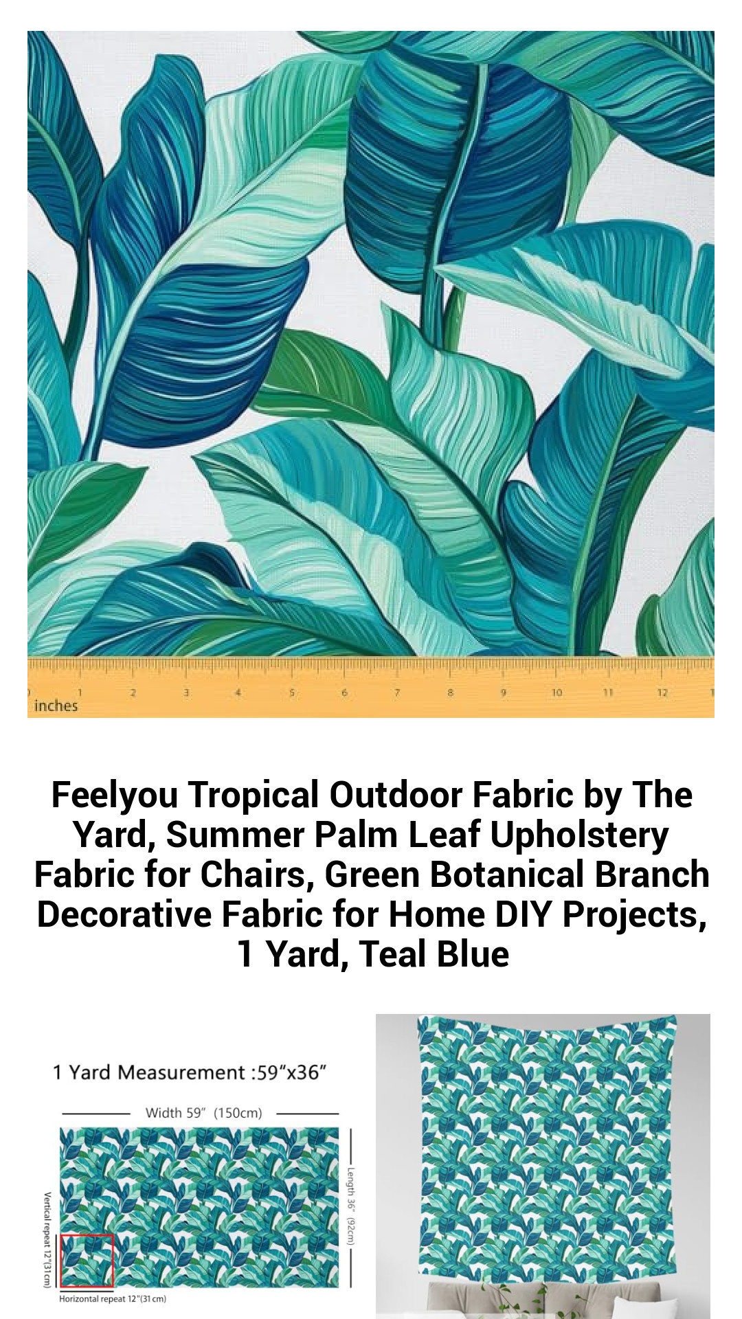 Feelyou Tropical Outdoor Fabric by The Yard, Summer Palm Leaf Upholstery Fabric for Chairs, Green Botanical Branch Decorative Fabric for Home DIY Projects, 1 Yard, Teal Blue Feelyou Tropical Outdoor Fabric by The Yard, Summer Palm Leaf Upholstery Fabric for Chairs, Green Botanical Branch Decorative Fabric for Home DIY Projects, 1 Yard, Teal Blue
