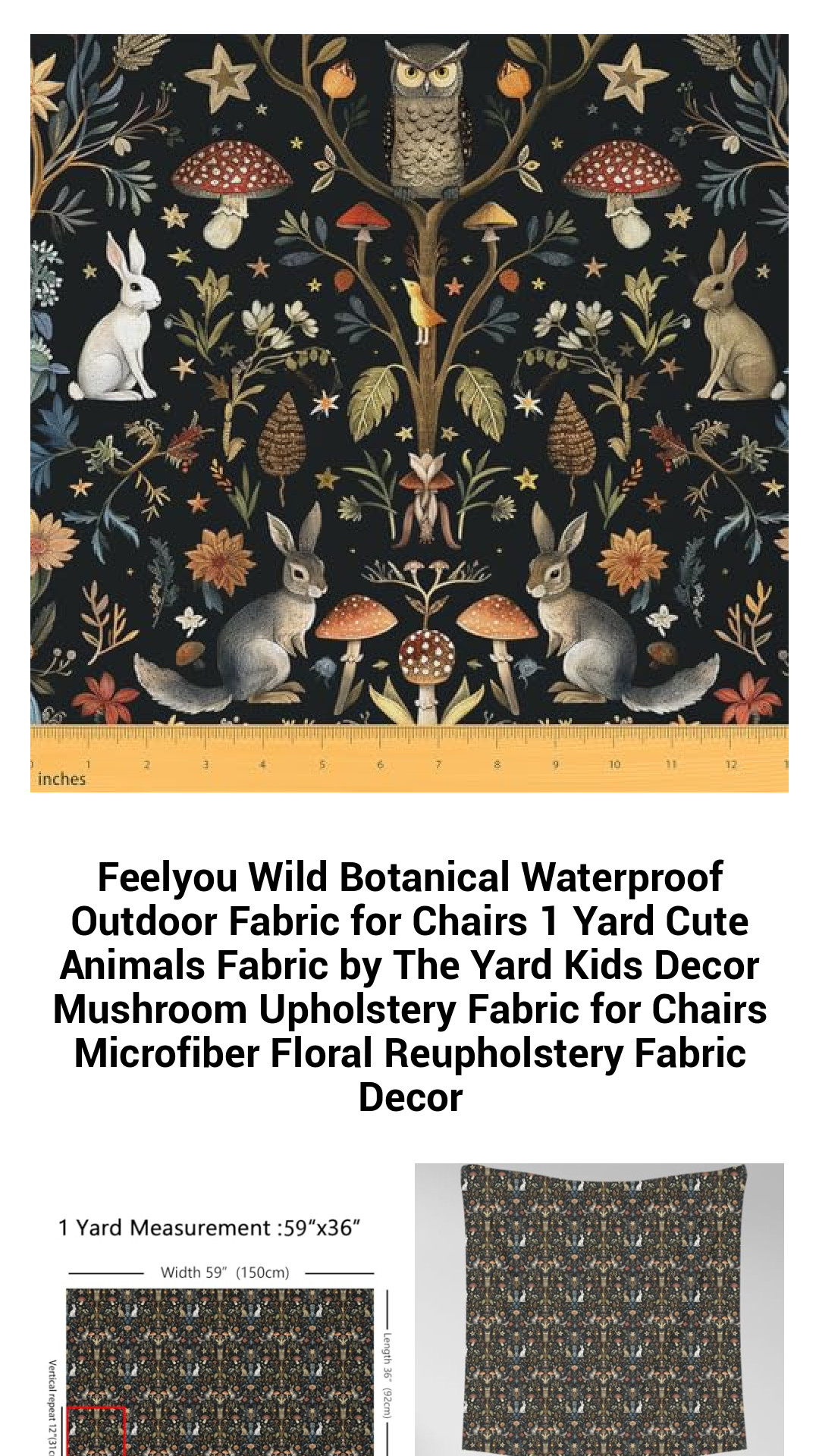 Vibrant Wild Botanical Waterproof Fabric for Kids' Chairs – Adorable Animal & Mushroom Patterns – 1 Yard Microfiber Upholstery for Fun Home Decor