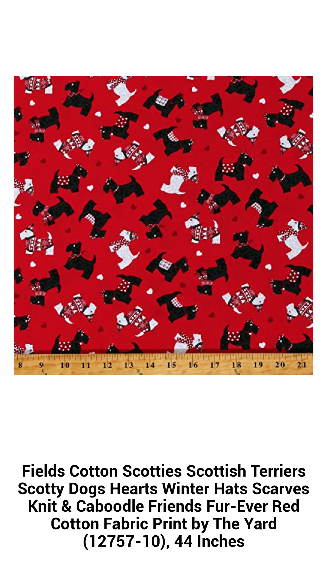 Adorable Scottie Dogs Cotton Fabric - Hearts, Winter Hats & Scarves Print - 44 Inches Wide, Sold by the Yard