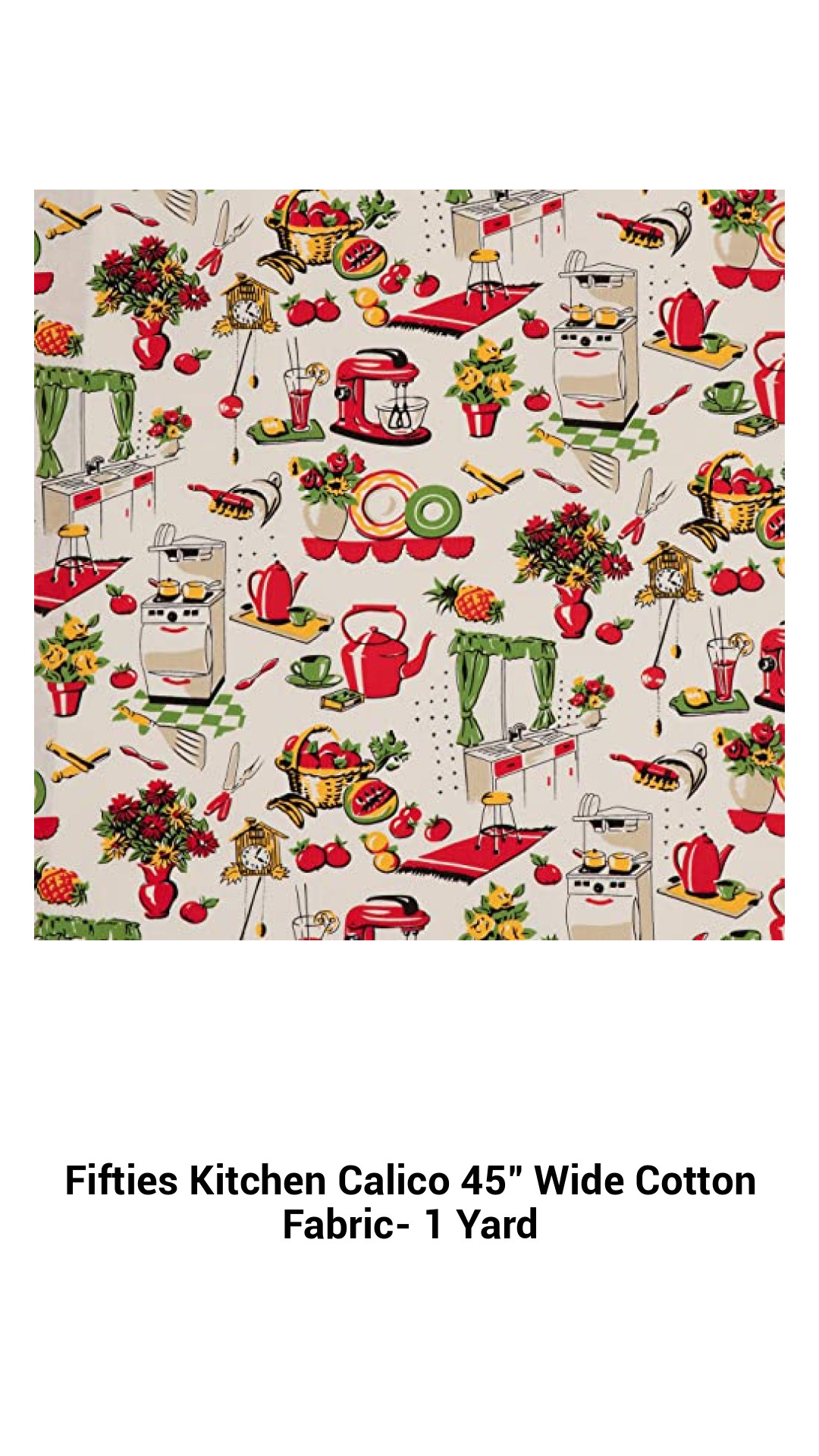 Vintage Fifties Kitchen Calico Cotton Fabric – 45" Wide, Perfect for Crafting and Home Décor – 1 Yard