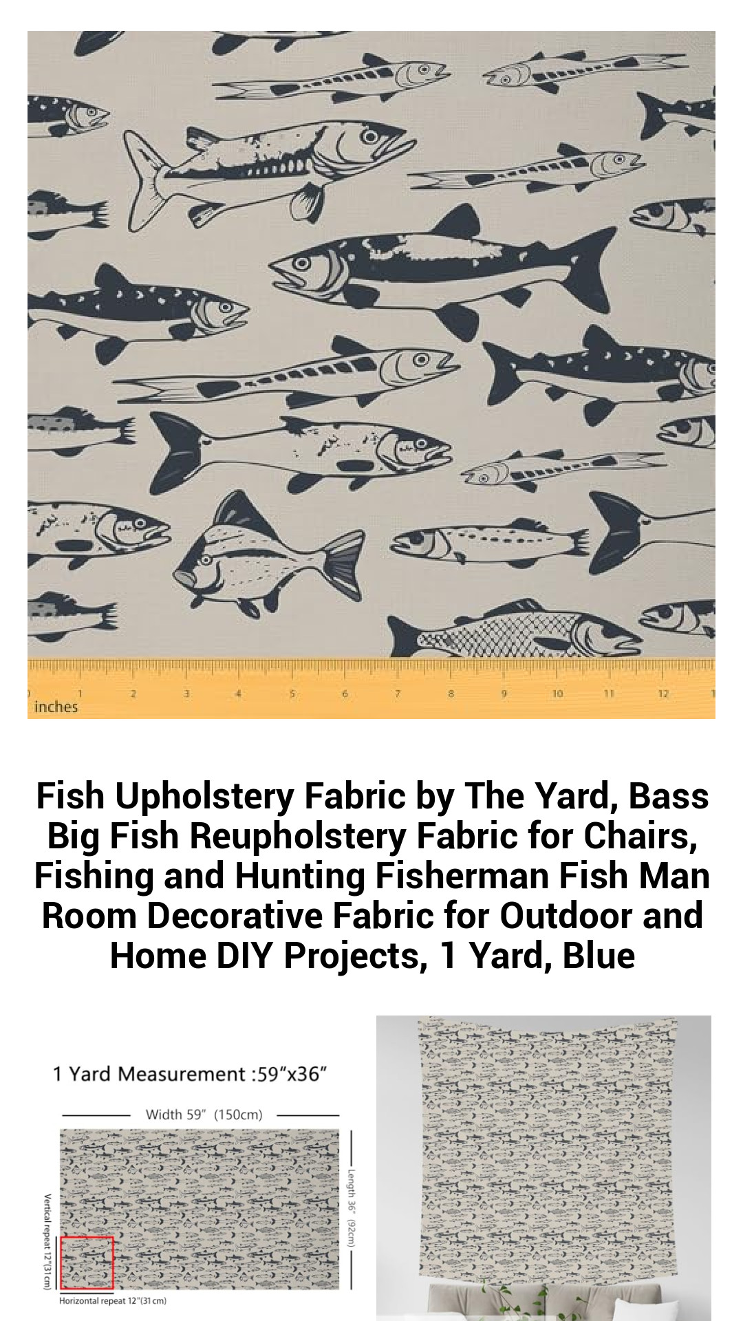 Fish Upholstery Fabric by The Yard, Bass Big Fish Reupholstery Fabric for Chairs, Fishing and Hunting Fisherman Fish Man Room Decorative Fabric for Outdoor and Home DIY Projects, 1 Yard, Blue Fish Upholstery Fabric by The Yard, Bass Big Fish Reupholstery Fabric for Chairs, Fishing and Hunting Fisherman Fish Man Room Decorative Fabric for Outdoor and Home DIY Projects, 1 Yard, Blue