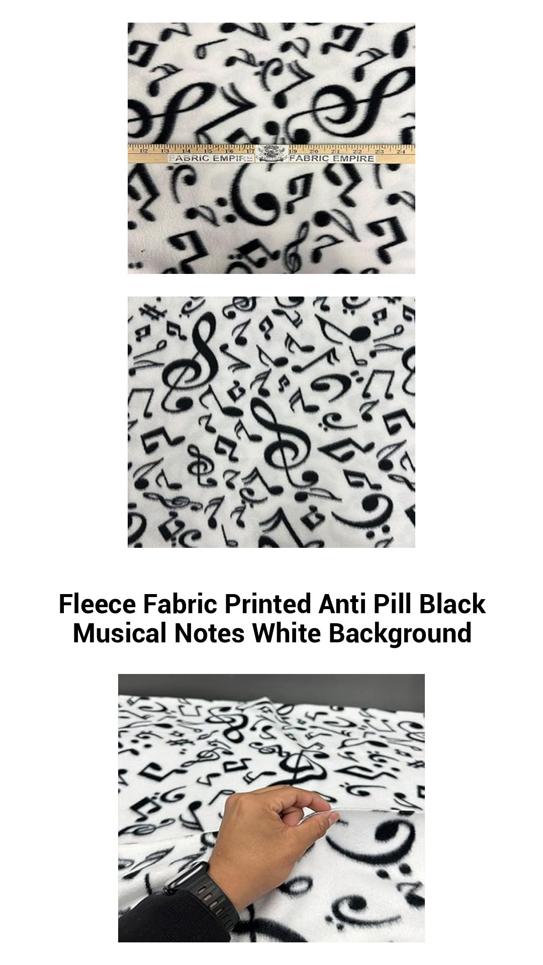 Cozy Anti-Pill Fleece Fabric with Musical Notes on a White Background – Perfect for Creative Sewing Projects