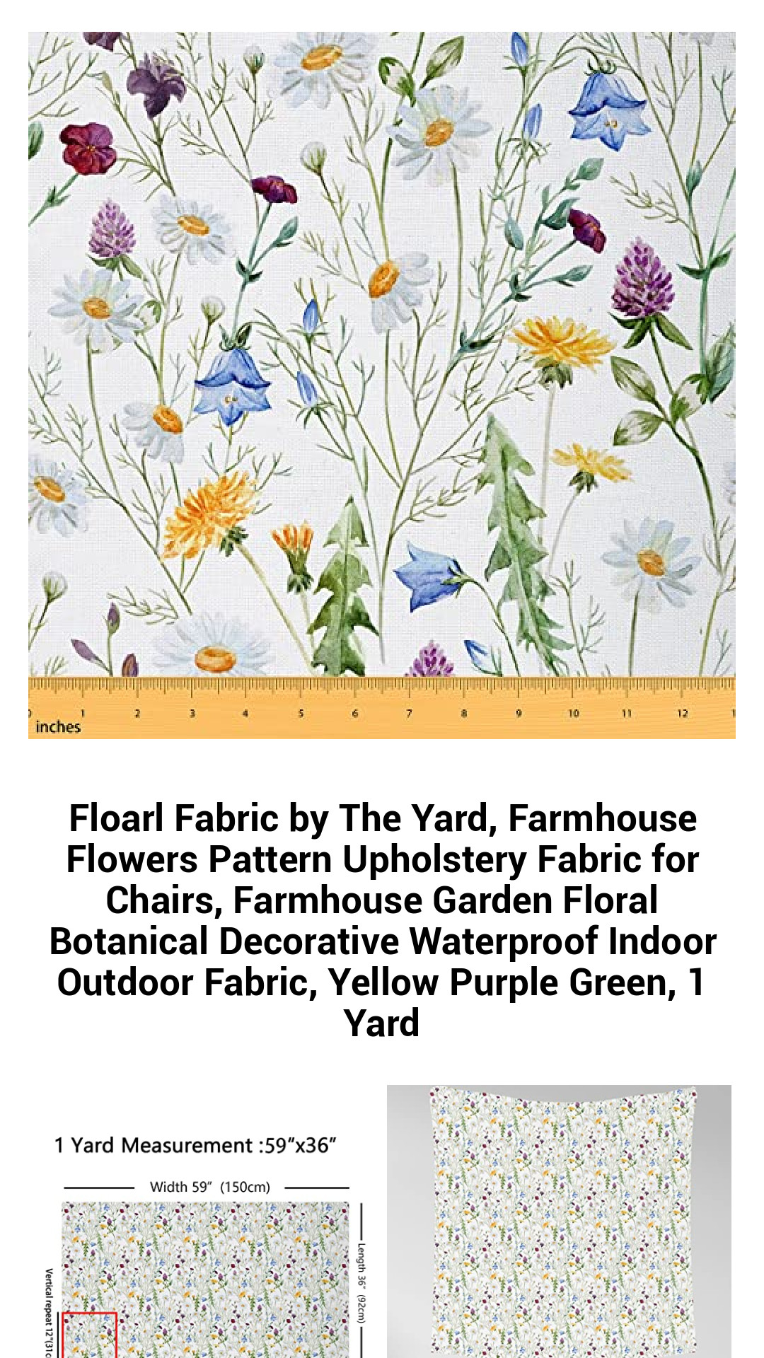 Farmhouse Floral Upholstery Fabric by The Yard – Waterproof Botanical Print for Chic Indoor & Outdoor Décor, Perfect for Chairs, Cushions, Quilts & More in Vibrant Yellow, Purple, and Green