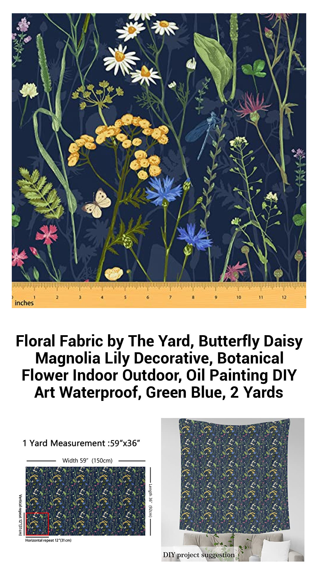 Botanical Bliss Fabric - Waterproof Floral Material for Stunning DIY Projects - 2 Yards of Butterfly Daisy Magnolia Lily Print