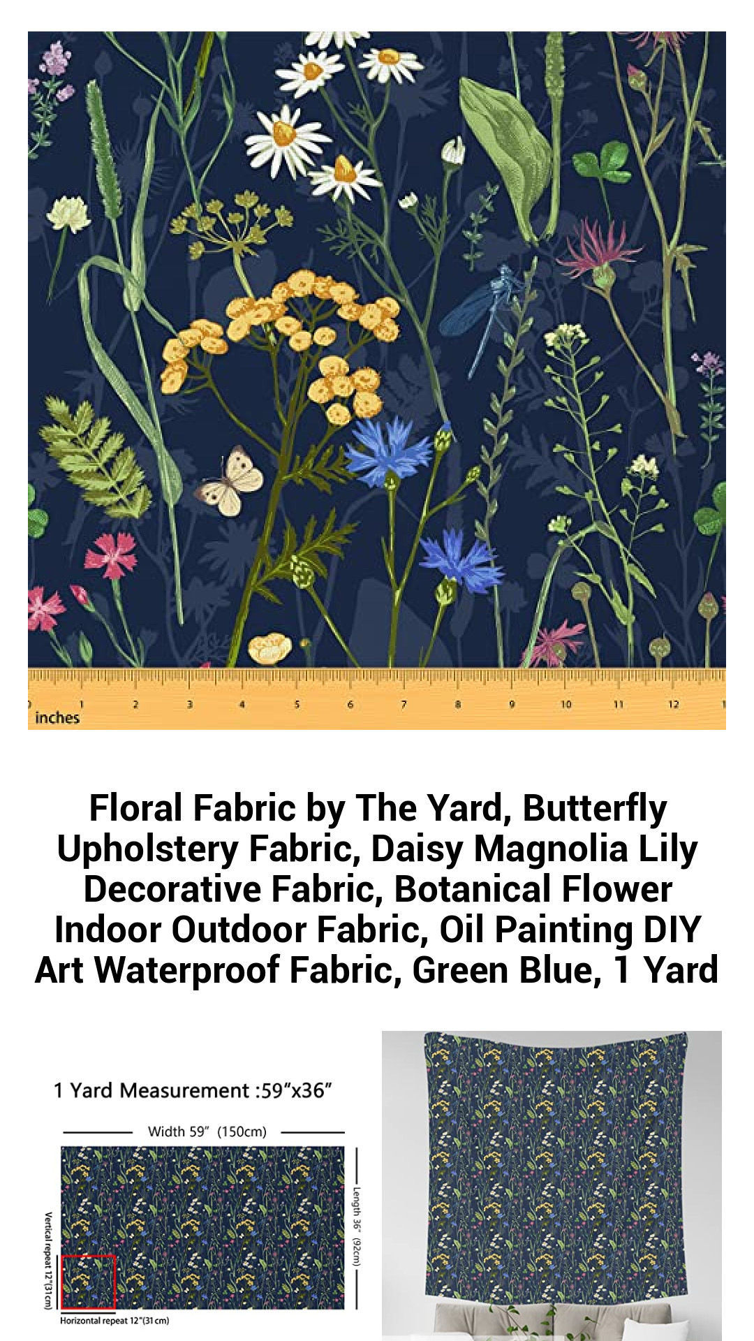 Vibrant Botanical Upholstery Fabric by the Yard - Waterproof Butterfly & Floral Design for Indoor & Outdoor Projects - Perfect for DIY Crafts, Home Decor, and More