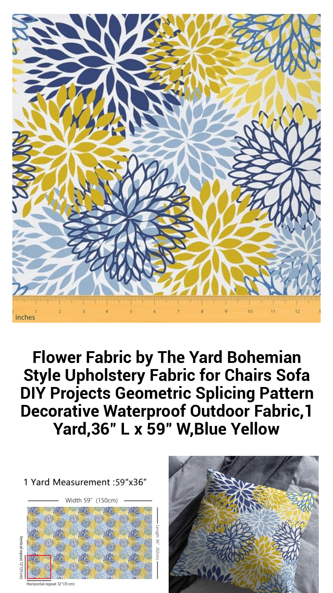 Flower Fabric by The Yard Bohemian Style Upholstery Fabric for Chairs Sofa DIY Projects Geometric Splicing Pattern Decorative Waterproof Outdoor Fabric,1 Yard,36" L x 59" W,Blue Yellow Flower Fabric by The Yard Bohemian Style Upholstery Fabric for Chairs Sofa DIY Projects Geometric Splicing Pattern Decorative Waterproof Outdoor Fabric,1 Yard,36" L x 59" W,Blue Yellow