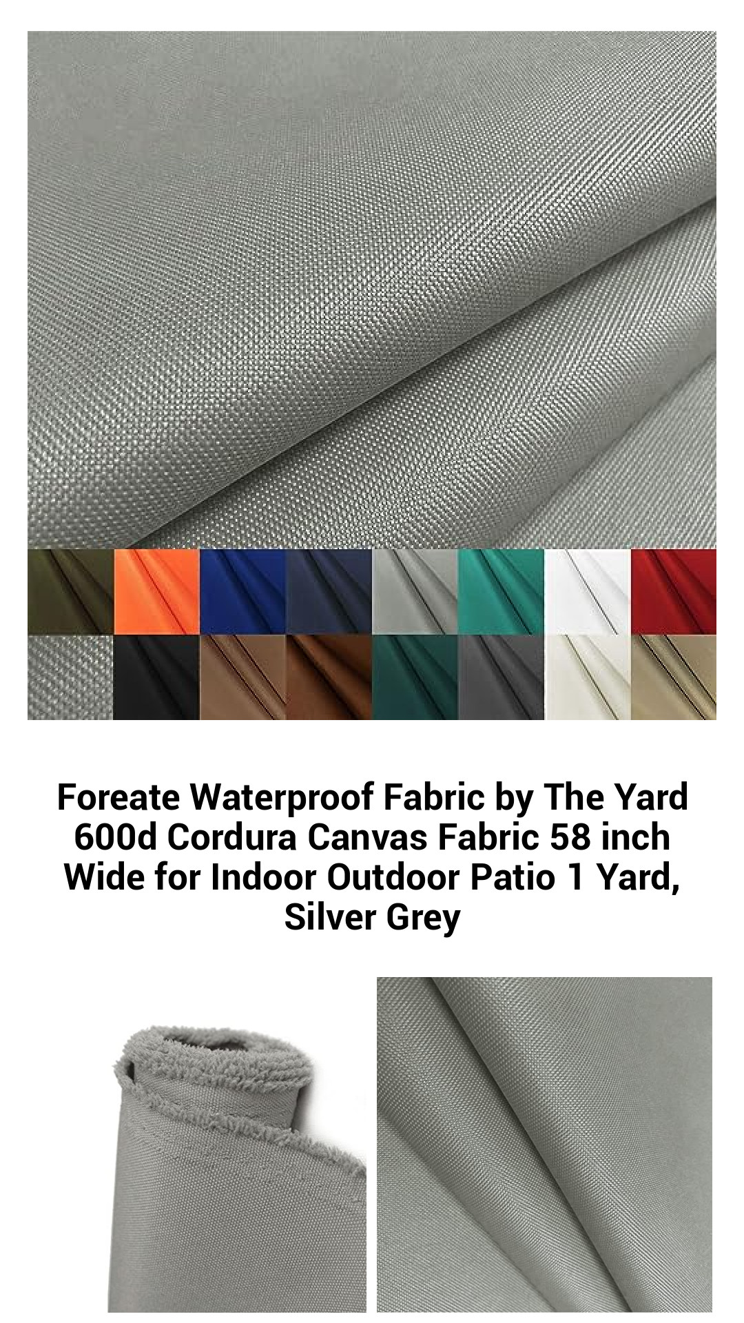 Foreate Waterproof Fabric by The Yard 600d Cordura Canvas Fabric 58 inch Wide for Indoor Outdoor Patio 1 Yard, Silver Grey Foreate Waterproof Fabric by The Yard 600d Cordura Canvas Fabric 58 inch Wide for Indoor Outdoor Patio 1 Yard, Silver Grey