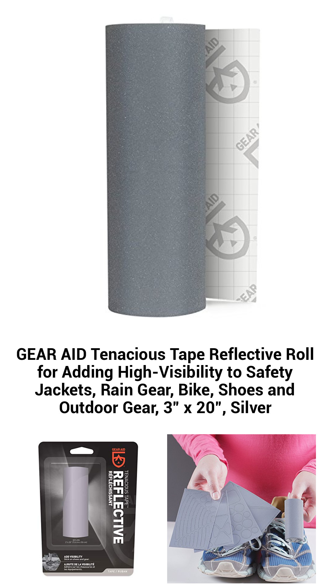 Enhance Your Safety Anywhere with GEAR AID Reflective Tenacious Tape - 3” x 20” High-Visibility Roll for Outdoor Gear, Jackets, Bikes, and Shoes