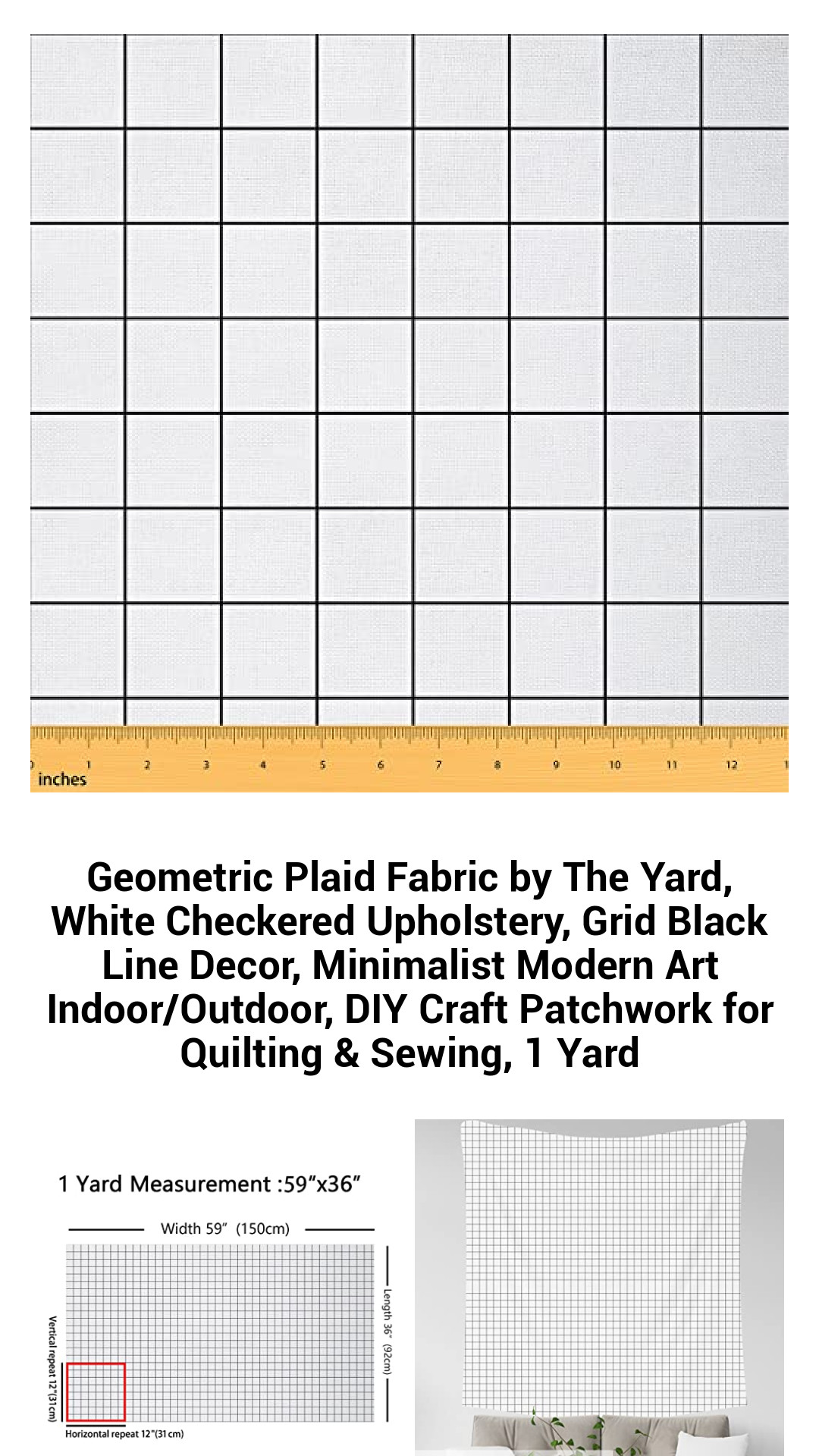 Geometric Plaid Fabric by The Yard, White Checkered Upholstery, Grid Black Line Decor, Minimalist Modern Art Indoor/Outdoor, DIY Craft Patchwork for Quilting & Sewing, 1 Yard Geometric Plaid Fabric by The Yard, White Checkered Upholstery, Grid Black Line Decor, Minimalist Modern Art Indoor/Outdoor, DIY Craft Patchwork for Quilting & Sewing, 1 Yard
