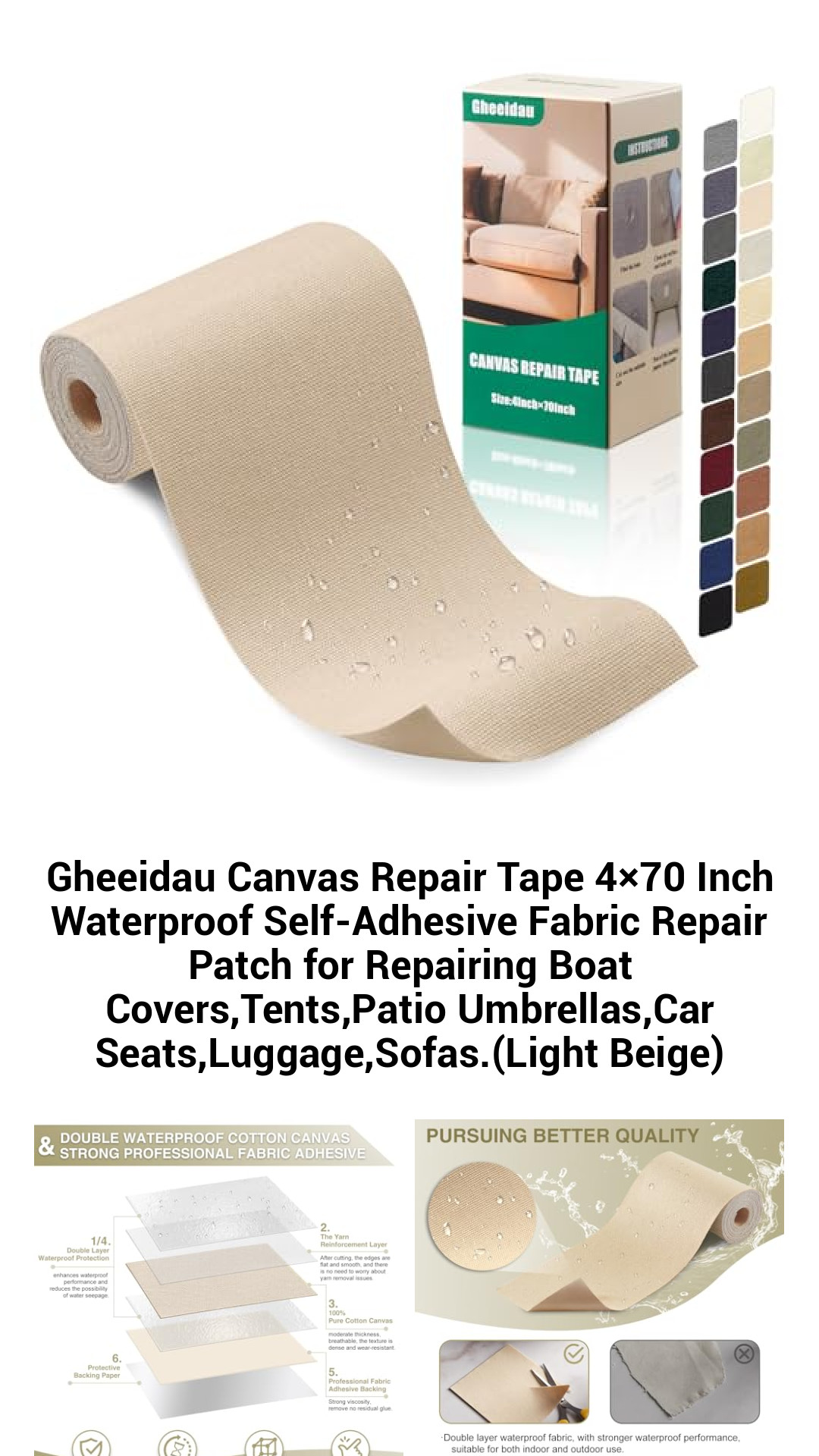 Versatile Waterproof Fabric Repair Patch – 4×70 Inch Self-Adhesive Canvas Repair Tape for Boats, Tents, Umbrellas, and More in Light Beige