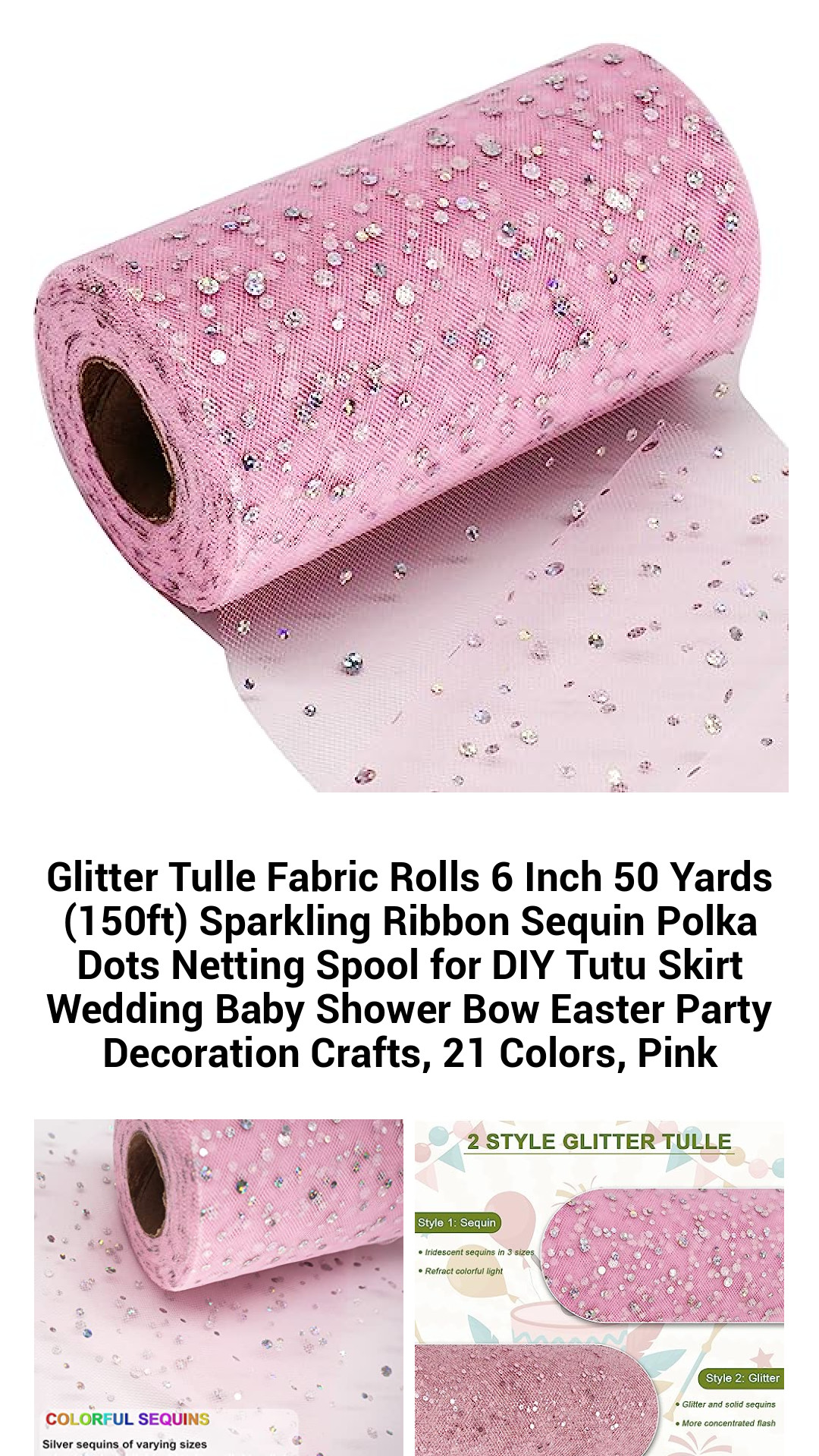 Sparkling Glitter Tulle Fabric Rolls - 6 Inch Wide, 50 Yards Long, Dazzling Sequined Netting for DIY Tutus, Party Decorations, and Crafting - Available in 21 Vibrant Colors