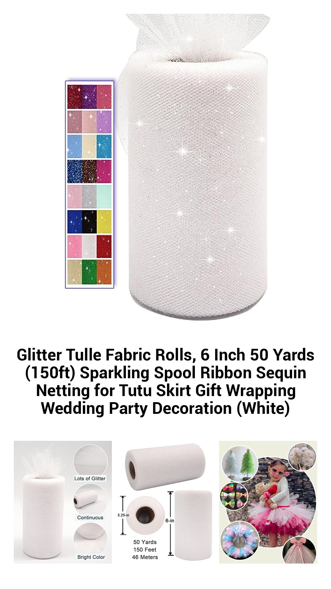 Sparkling White Glitter Tulle Fabric Rolls - 6 Inch x 50 Yards of Shimmering Sequin Netting for Tutu Skirts, Gift Wrapping, and Wedding Decorations