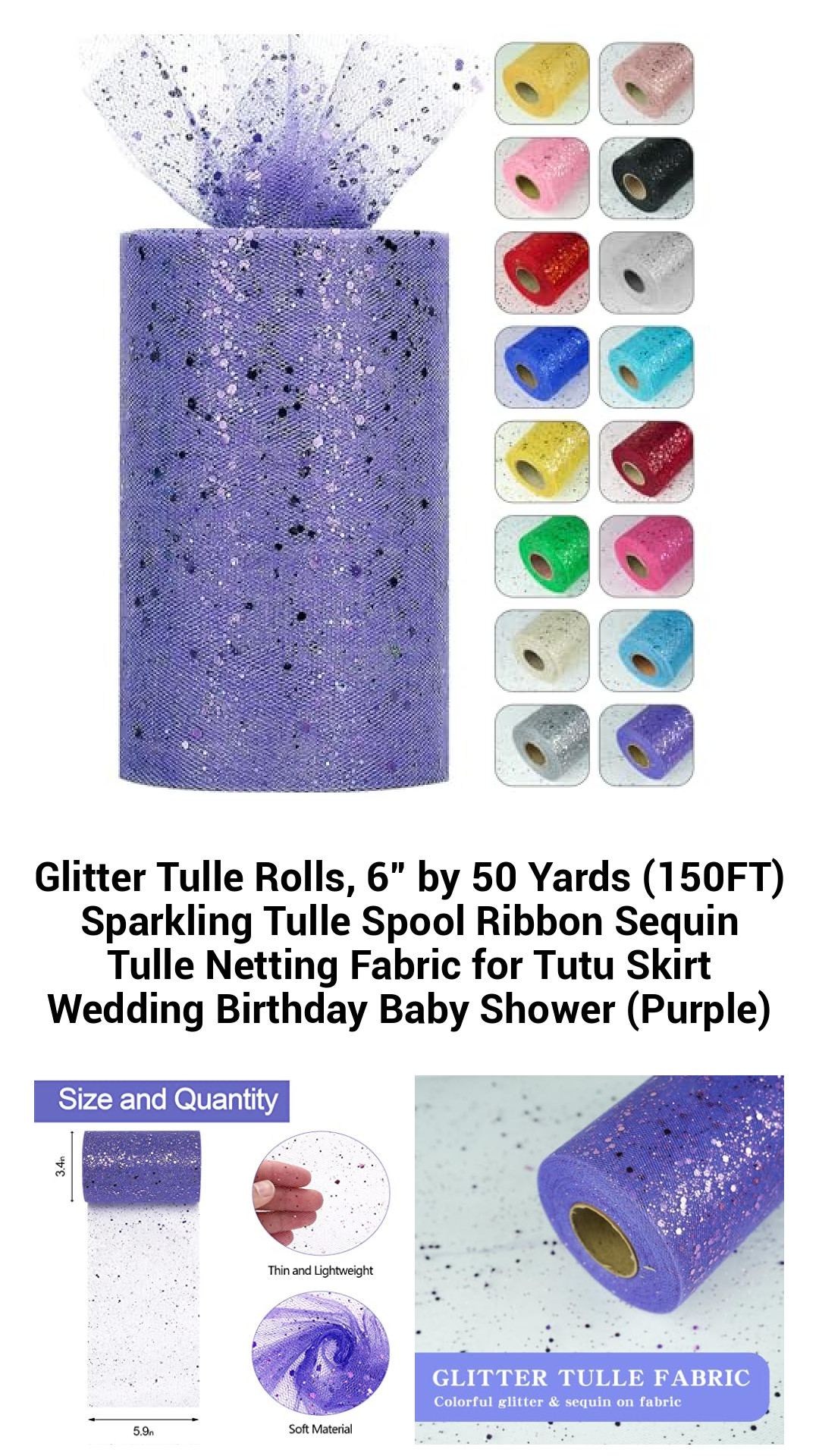 Sparkling Purple Glitter Tulle Rolls - 6” x 50 Yards Sequin Netting for Tutu Skirts, Weddings, and Festive Celebrations