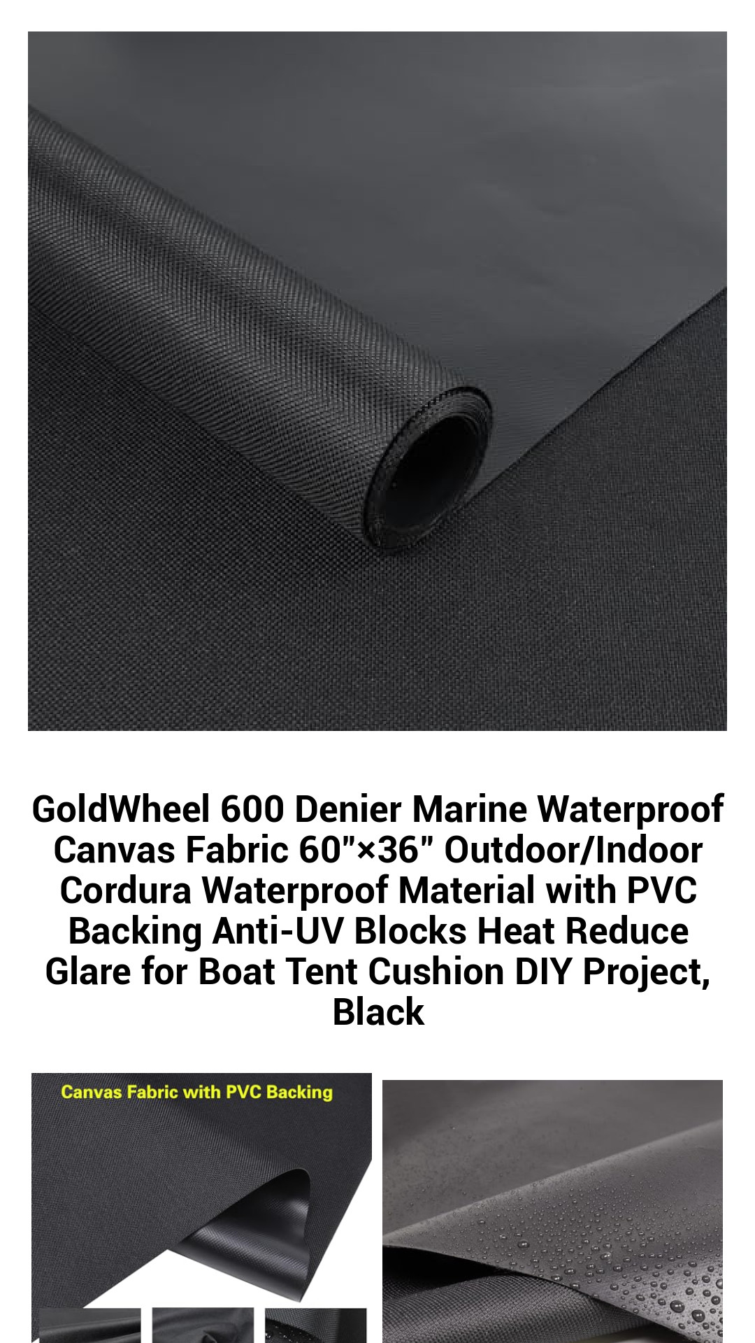 GoldWheel 600 Denier Marine Waterproof Canvas Fabric 60"×36" Outdoor/Indoor Cordura Waterproof Material with PVC Backing Anti-UV Blocks Heat Reduce Glare for Boat Tent Cushion DIY Project, Black GoldWheel 600 Denier Marine Waterproof Canvas Fabric 60"×36" Outdoor/Indoor Cordura Waterproof Material with PVC Backing Anti-UV Blocks Heat Reduce Glare for Boat Tent Cushion DIY Project, Black