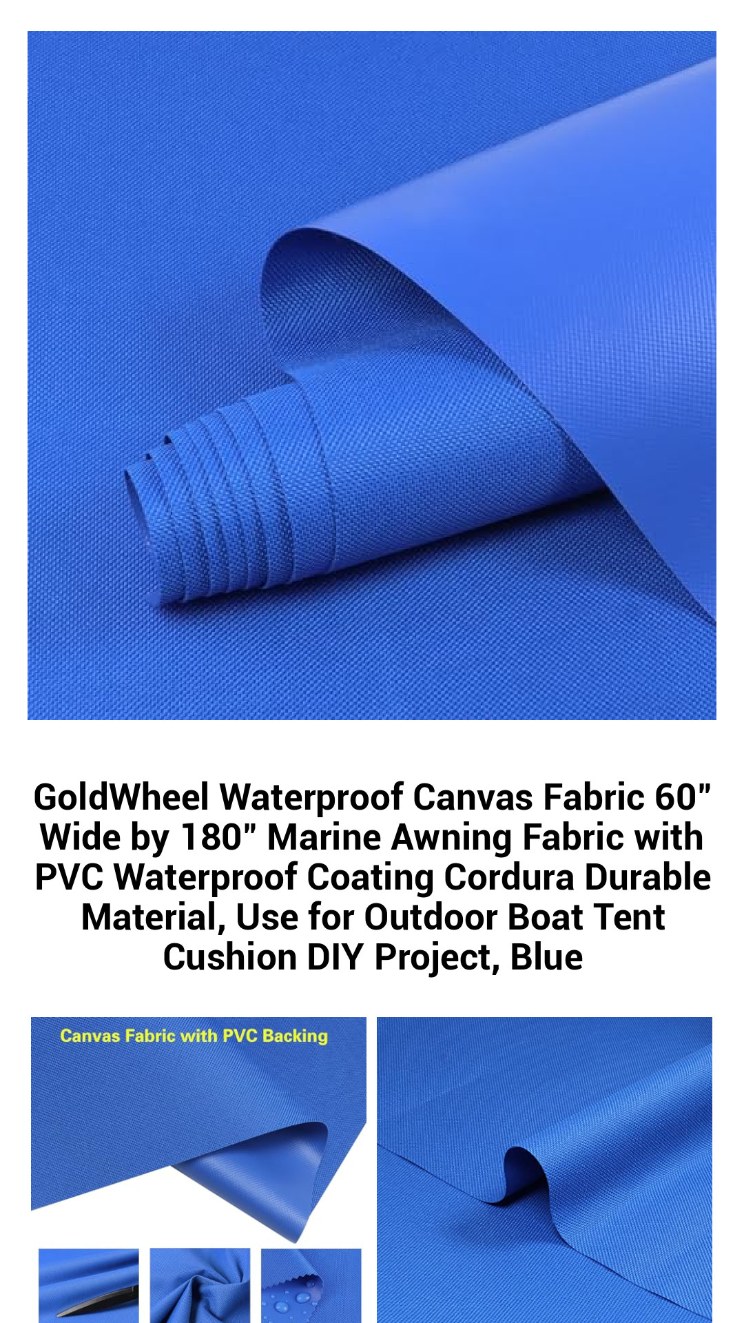 Premium GoldWheel 60" Wide Waterproof Canvas Fabric - 180" Marine Awning Material with Durable PVC Coating for Outdoor Projects, Boat Covers, and DIY Cushions – Vibrant Blue