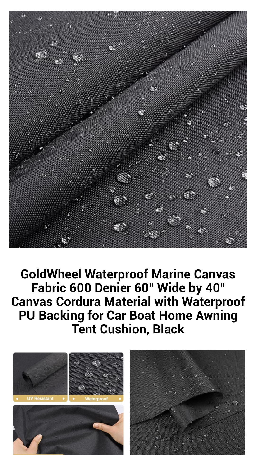 Premium Black Waterproof 600 Denier Marine Canvas Fabric – Durable Outdoor Cordura for Tents, Boat Covers, Cushions & Awnings – 60" Wide, PU Coated Protection