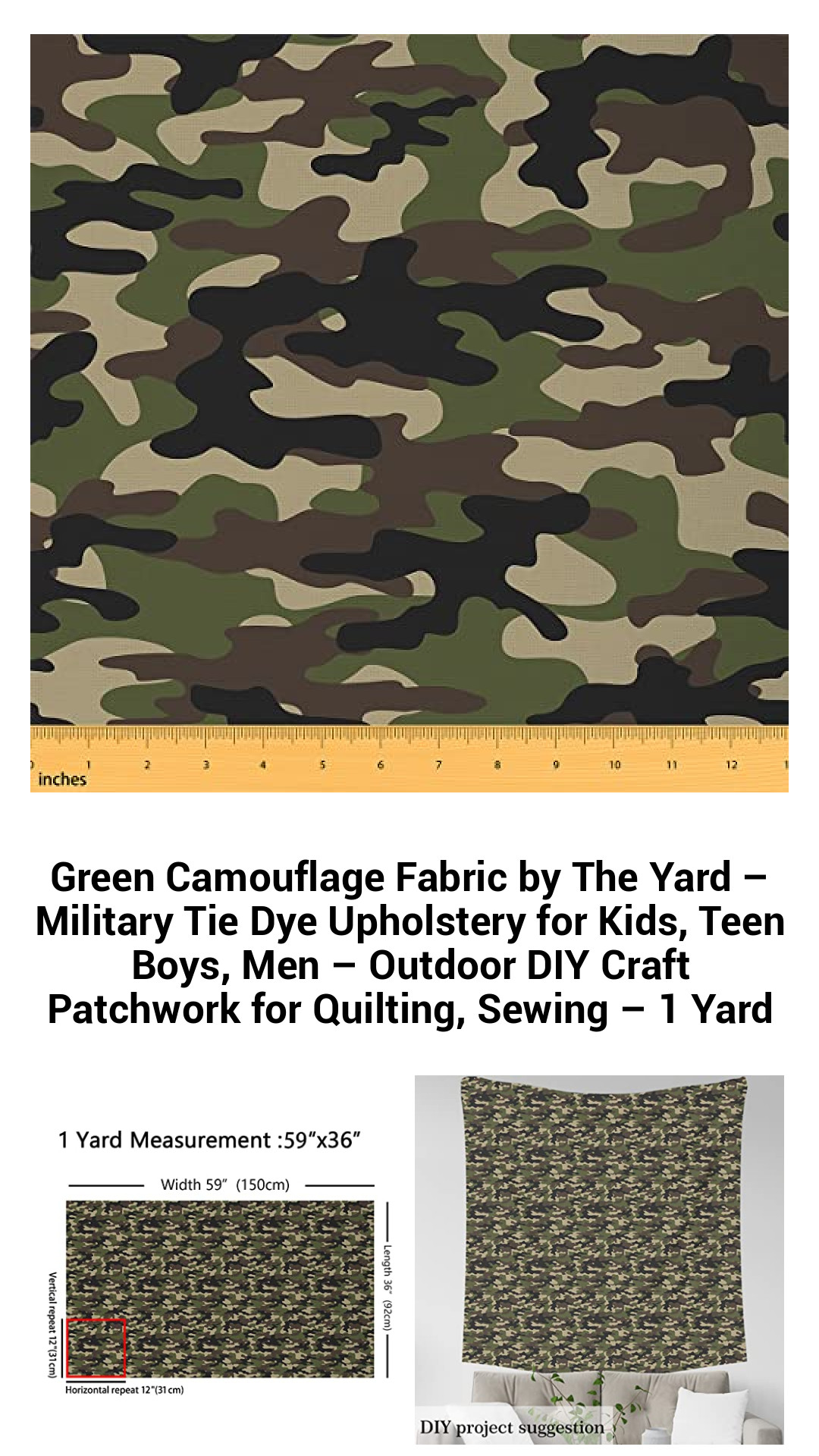 Versatile Green Camouflage Fabric by The Yard – Durable Military Tie Dye Upholstery for Kids and Teens – Perfect for Outdoor Crafts, Quilting, and DIY Projects