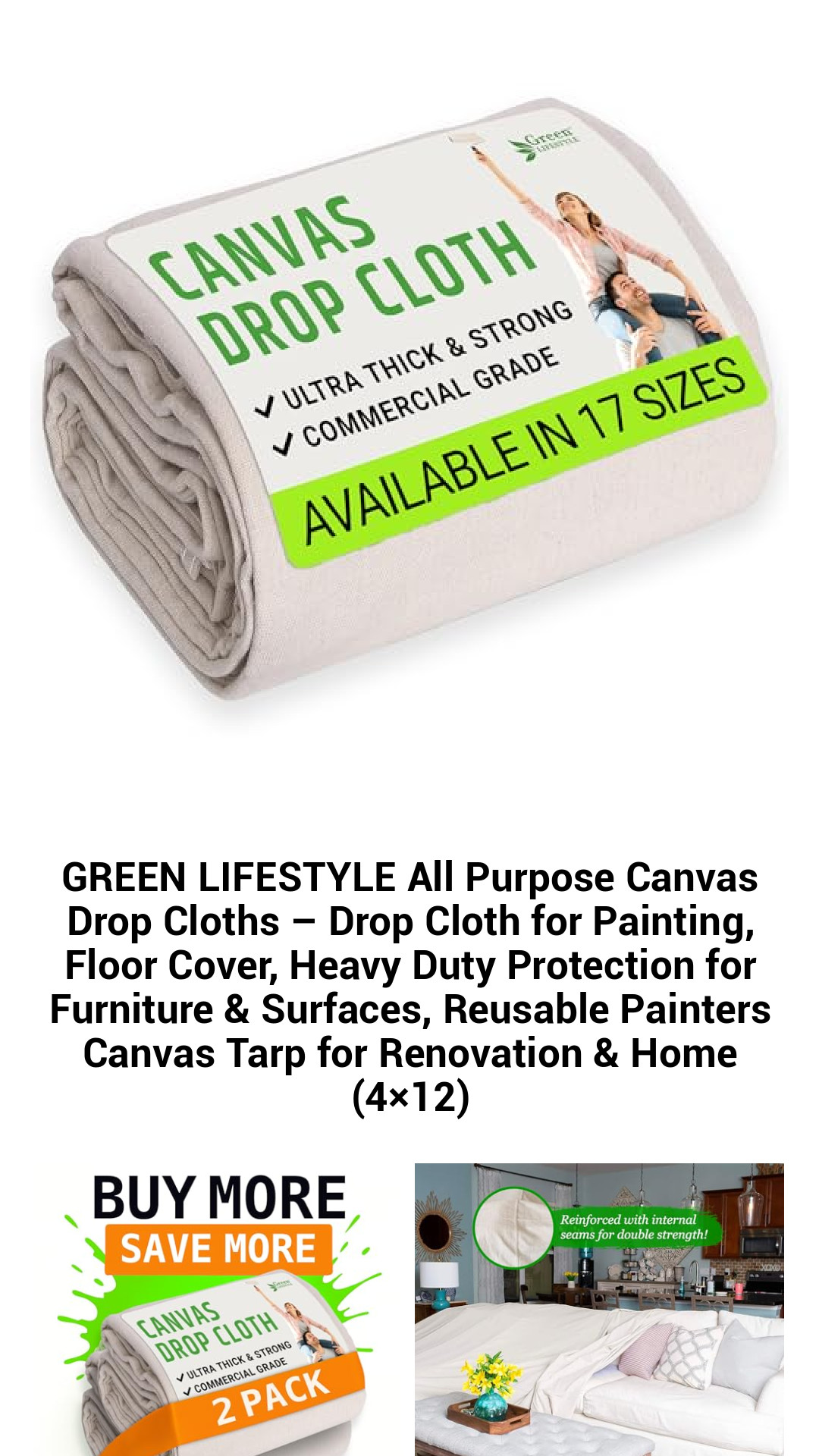All-Purpose Eco-Friendly Canvas Drop Cloth - Heavy-Duty Protection for Painting, Renovation, and Furniture Care (4x12 ft)
