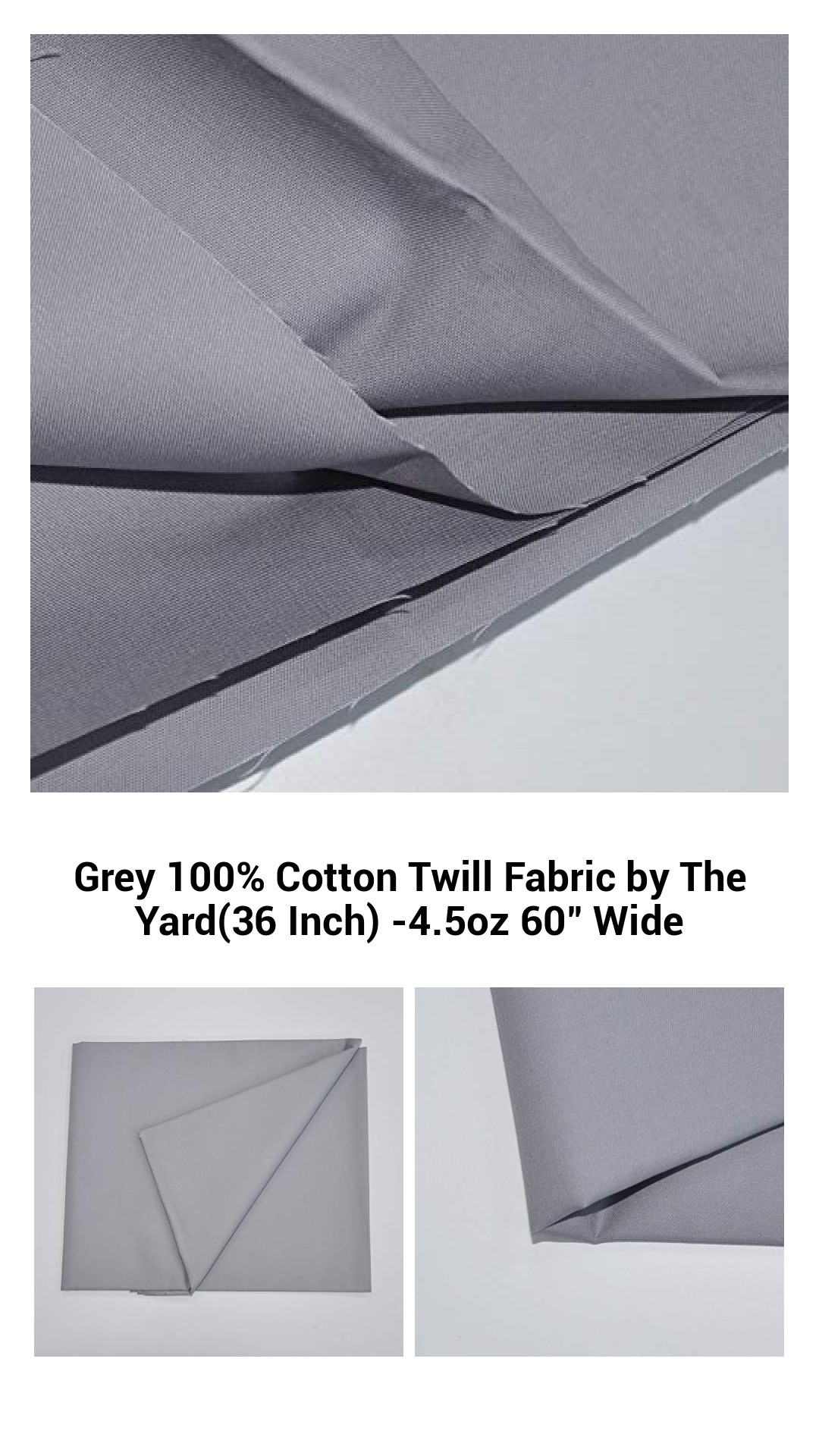 Premium Grey 100% Cotton Twill Fabric – Versatile 60" Wide, Perfect for Upholstery & Crafts by the Yard