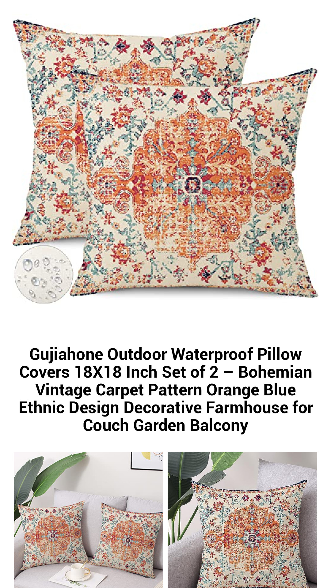 Gujiahone Outdoor Waterproof Pillow Covers 18X18 Inch Set of 2 – Bohemian Vintage Carpet Pattern Orange Blue Ethnic Design Decorative Farmhouse for Couch Garden Balcony Gujiahone Outdoor Waterproof Pillow Covers 18X18 Inch Set of 2 – Bohemian Vintage Carpet Pattern Orange Blue Ethnic Design Decorative Farmhouse for Couch Garden Balcony