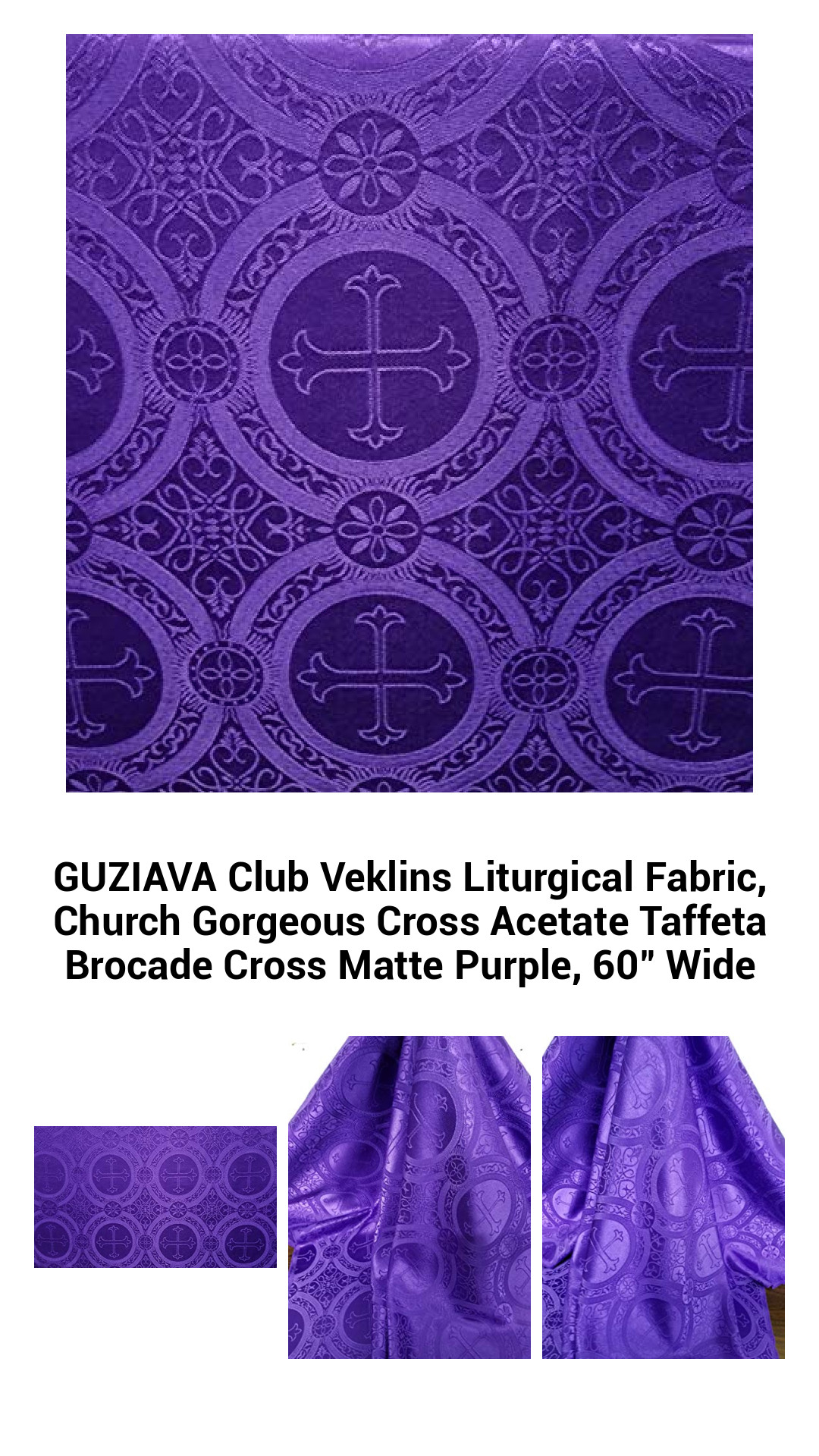 Luxurious Purple Acetate Taffeta Brocade Fabric with Cross Design - 60" Wide Liturgical Fabric for Churches and Ceremonies