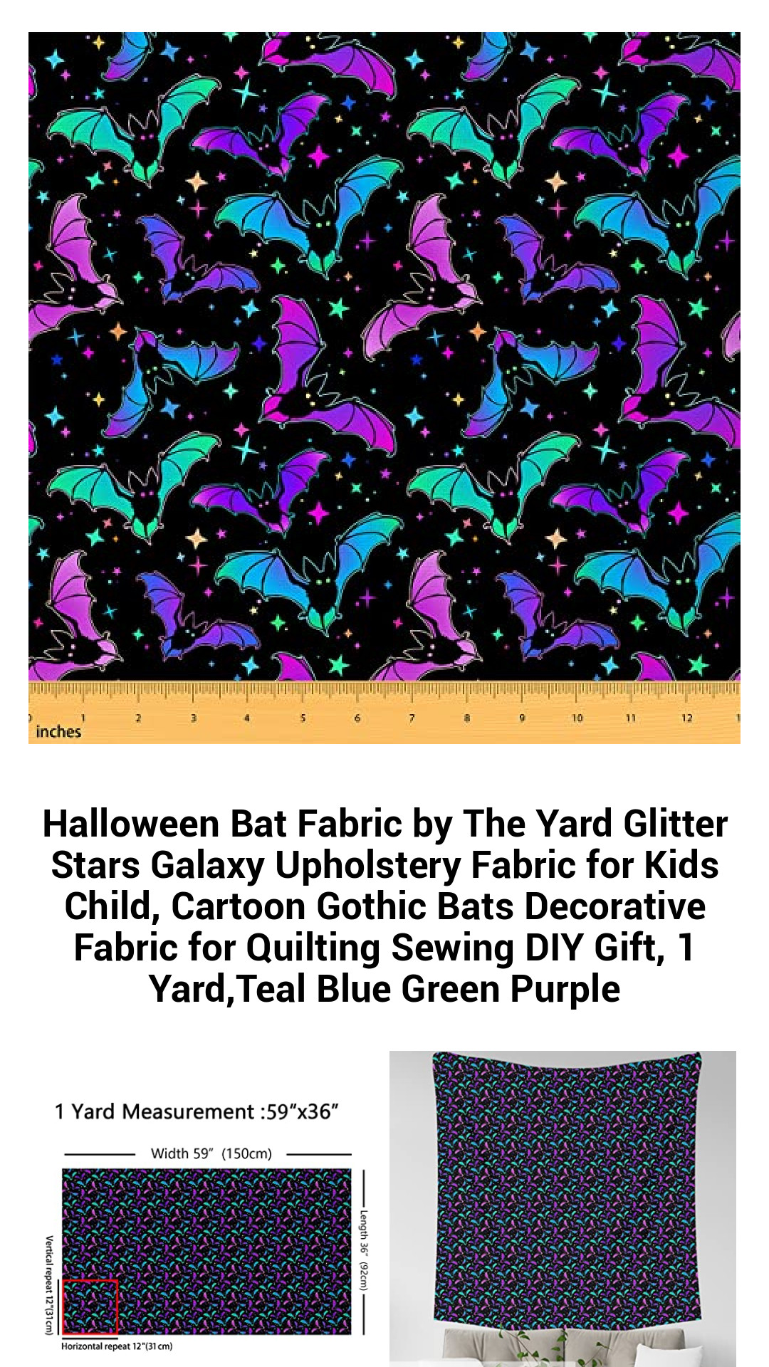 Whimsical Halloween Bat Fabric by the Yard - Glittering Galaxy Upholstery Material for Kids, Cartoon Gothic Bats for Creative Quilting, DIY Crafts, and Home Decor - Ideal for Cushions, Bags, and More in Teal, Blue, Green, and Purple