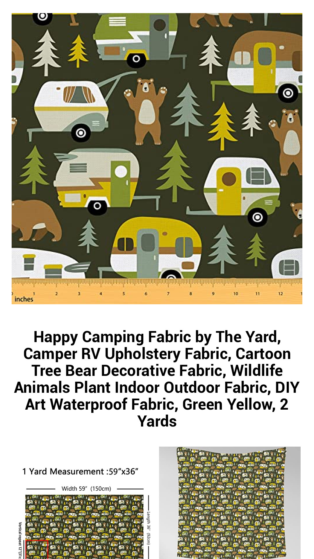 Enchanting Happy Camping Fabric by The Yard – Versatile Cartoon Bear & Tree Upholstery Material, Perfect for RVs, Home Décor, and DIY Projects - Waterproof & Kid-Friendly in Green and Yellow