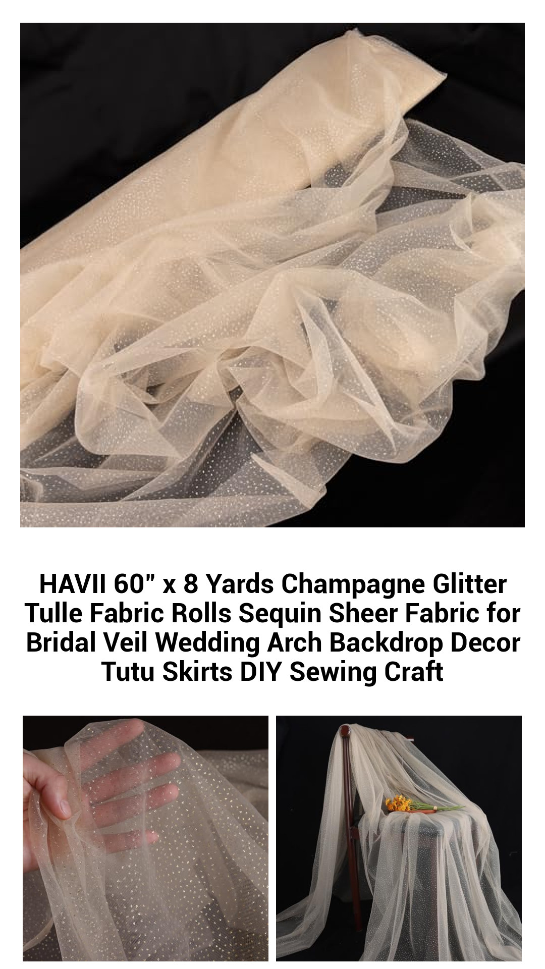 HAVII 60" x 8 Yards Champagne Glitter Tulle Fabric Rolls Sequin Sheer Fabric for Bridal Veil Wedding Arch Backdrop Decor Tutu Skirts DIY Sewing Craft HAVII 60" x 8 Yards Champagne Glitter Tulle Fabric Rolls Sequin Sheer Fabric for Bridal Veil Wedding Arch Backdrop Decor Tutu Skirts DIY Sewing Craft
