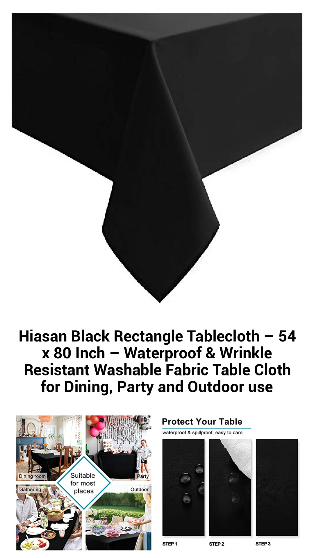 Stylish Hiasan Black Waterproof Tablecloth – 54 x 80 Inch – Durable and Wrinkle-Free Fabric for All Occasions
