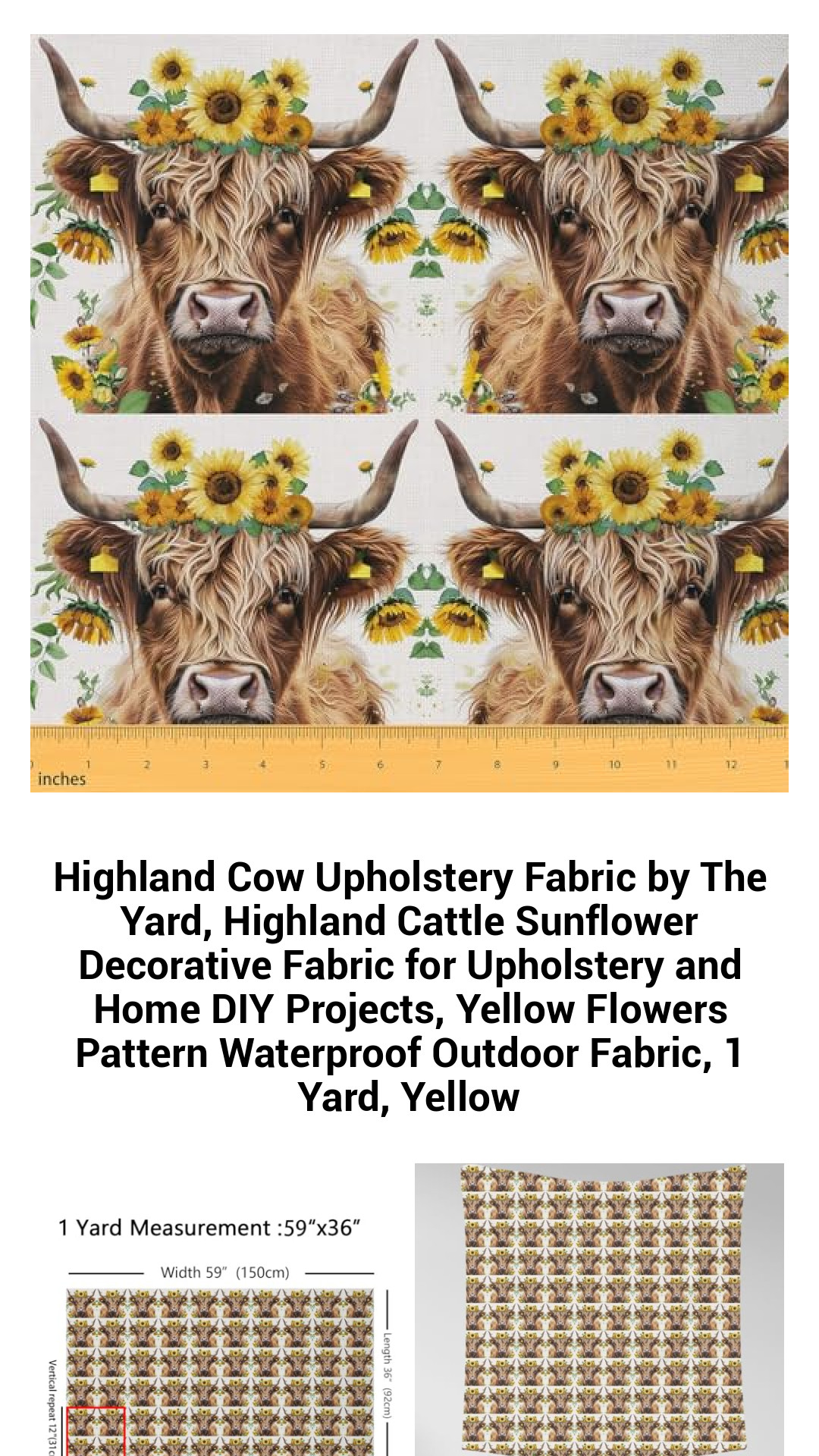 Vibrant Highland Cow Upholstery Fabric by the Yard - Waterproof Sunflower Patterned Decorative Fabric for Stylish Indoor and Outdoor DIY Projects