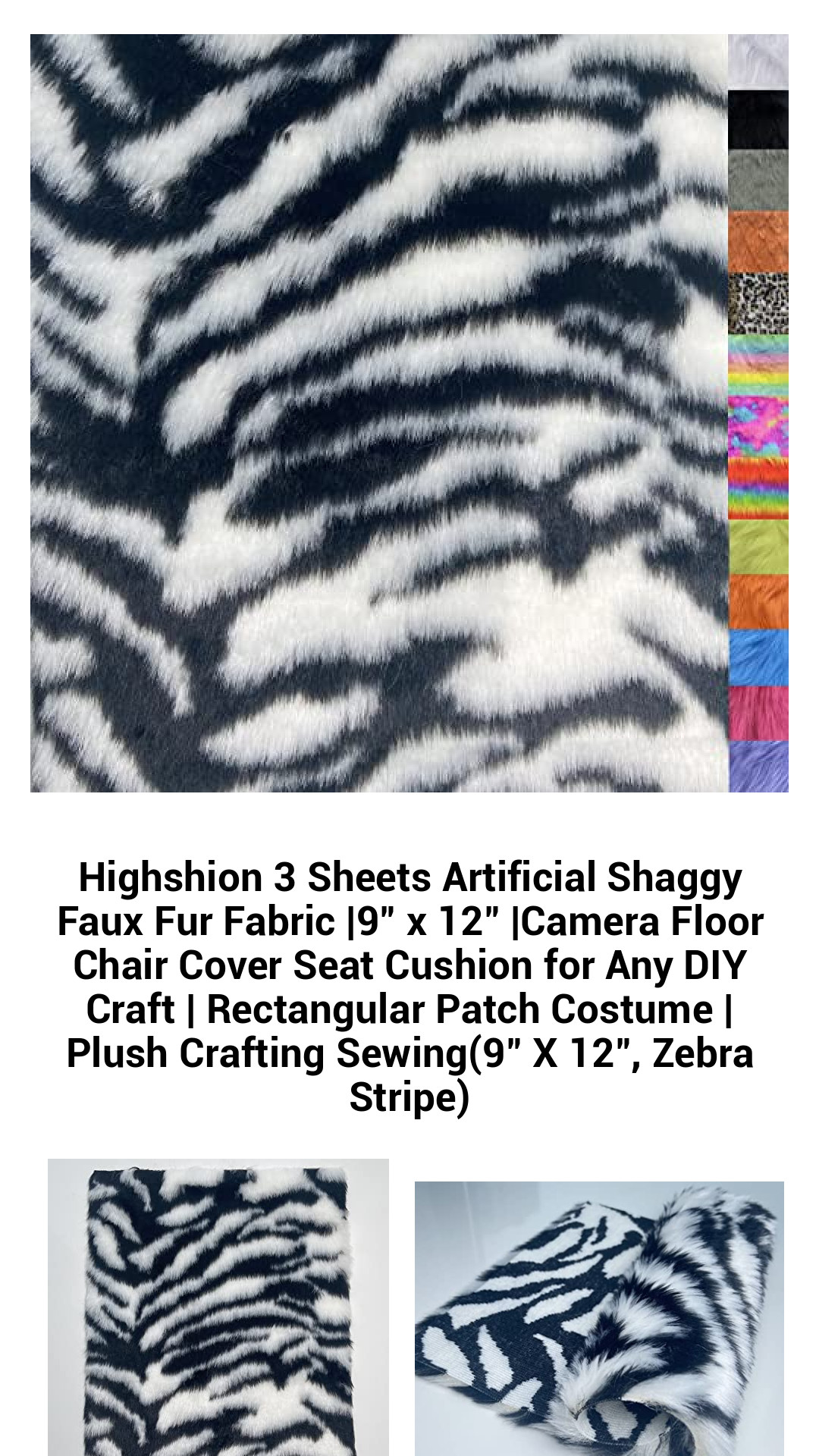 Luxurious Zebra Stripe Faux Fur Fabric - 3 Sheets of 9" x 12" Soft, Shaggy Material for DIY Crafts, Costumes, and Home Décor