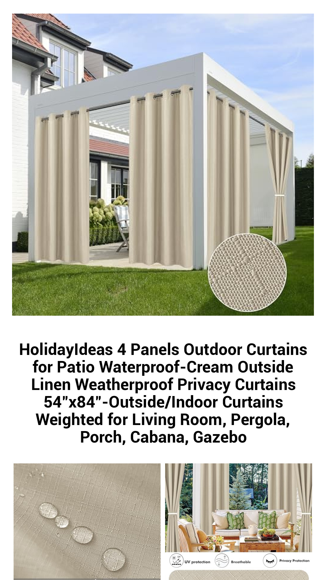 Elegant Waterproof Outdoor Curtains for Patio – 4 Panels Cream Linen Weatherproof Privacy Curtains, Perfect for Any Indoor or Outdoor Space, 54"x84"