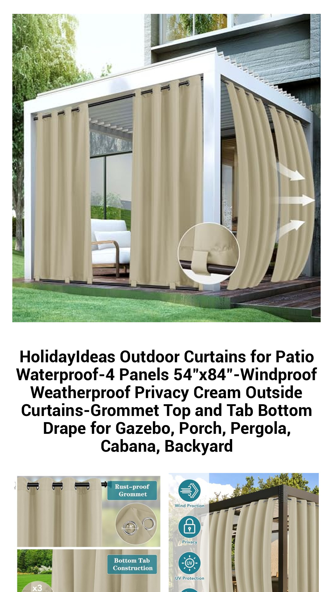 Stylish Waterproof Outdoor Curtains - 4 Panels 54"x84" - Windproof Privacy Drapes for Gazebo, Patio, and Porch - Grommet Top & Tab Bottom Design